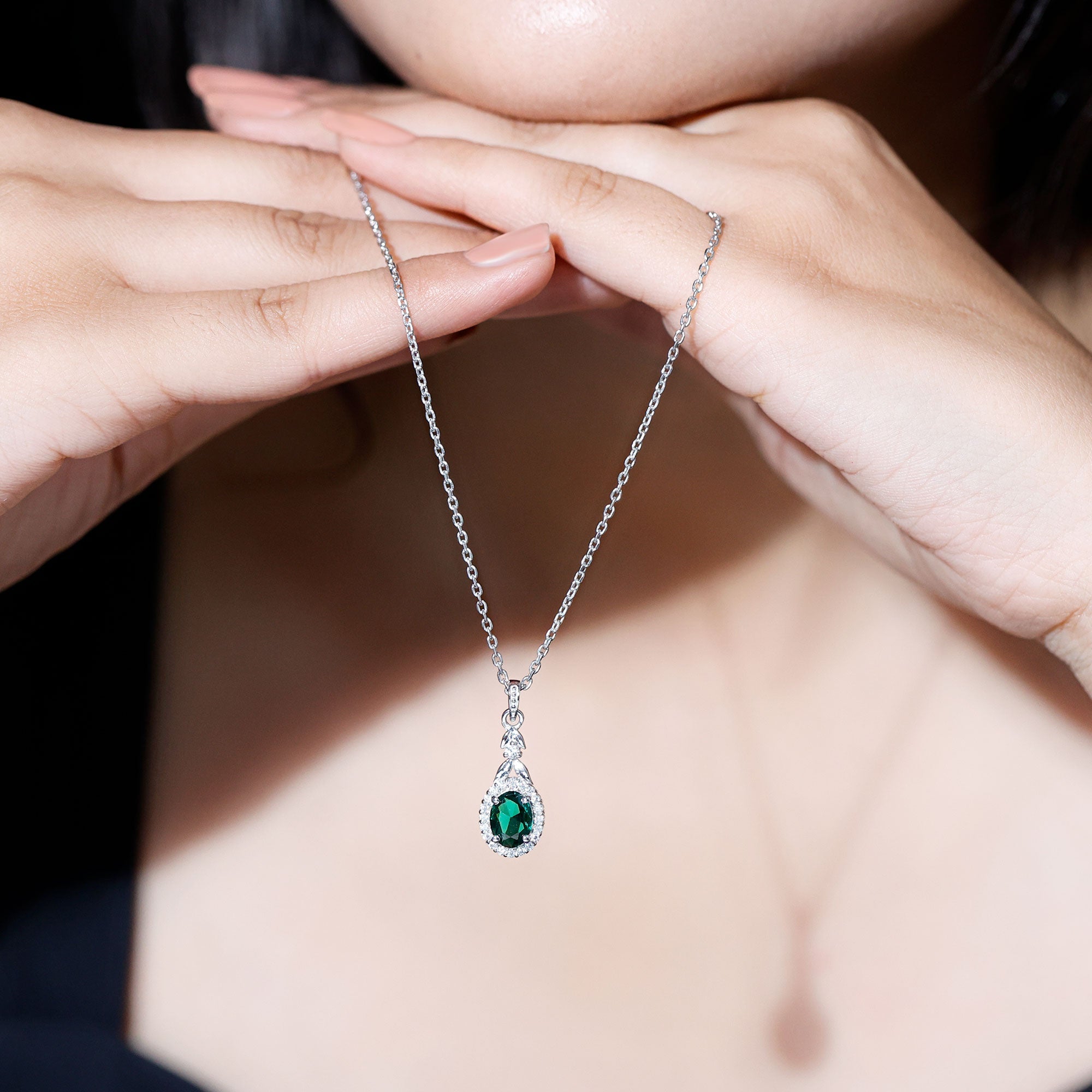 1.2 Carat Lab Grown Emerald Wedding Necklace with Silver Chain
