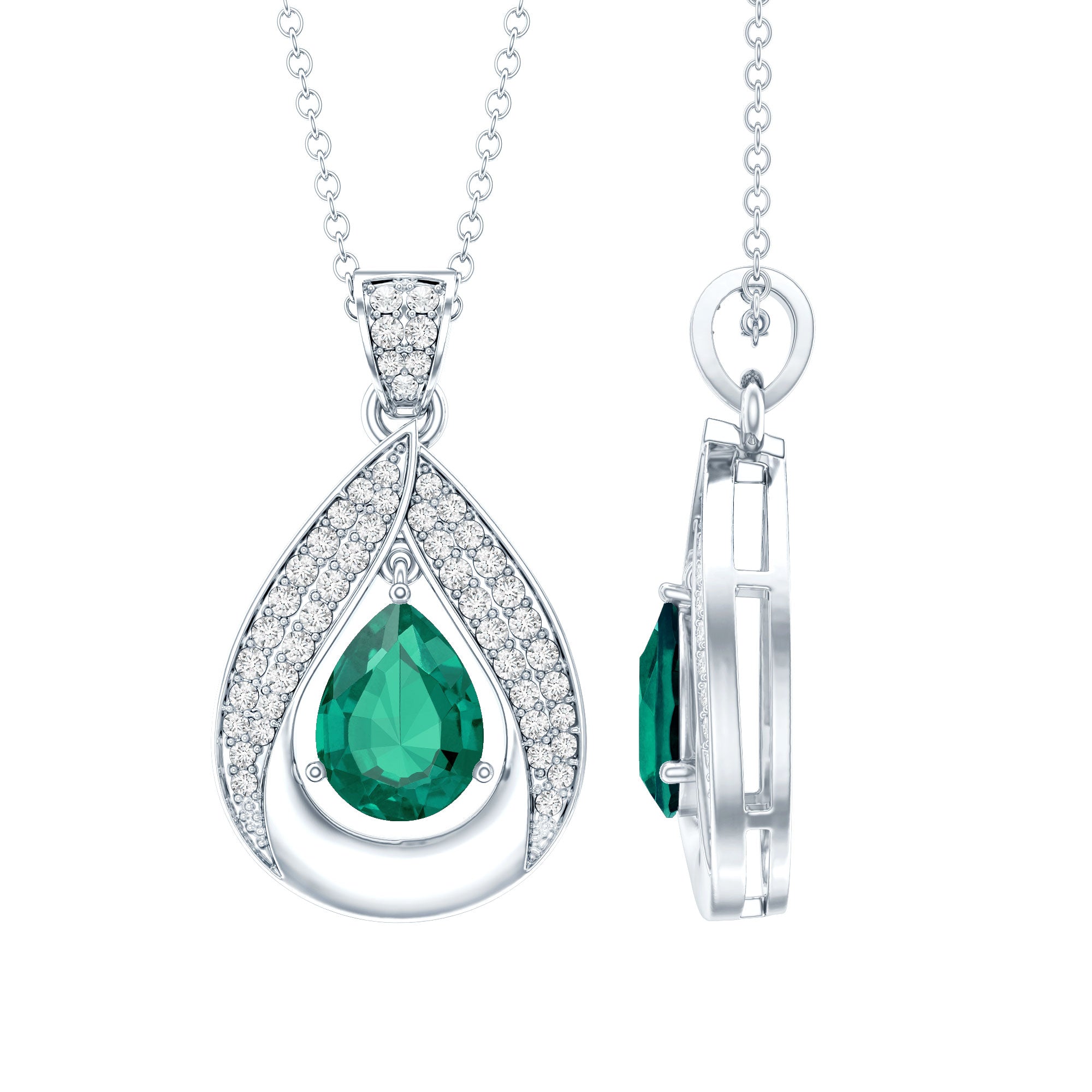 Lab Grown Emerald Bridal Drop Necklace with Silver Chain