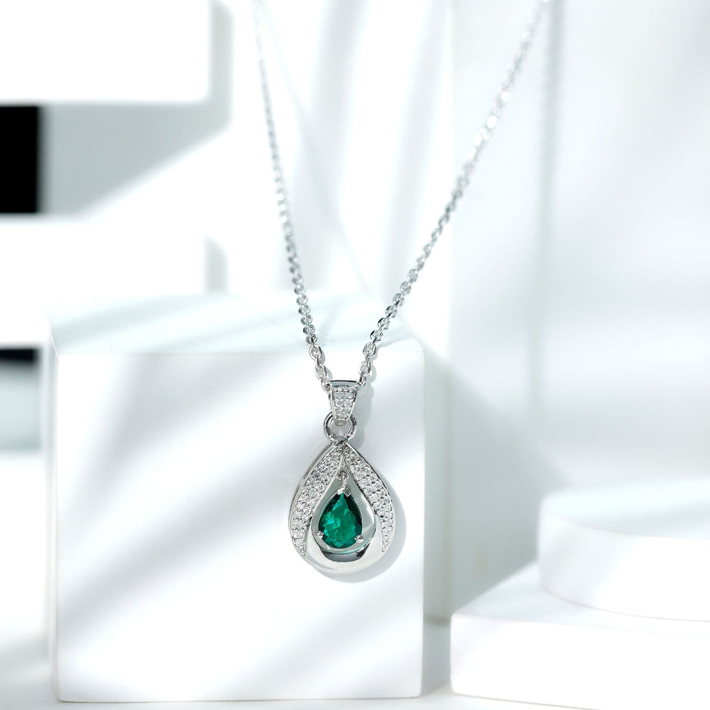 Lab Grown Emerald Bridal Drop Necklace with Silver Chain