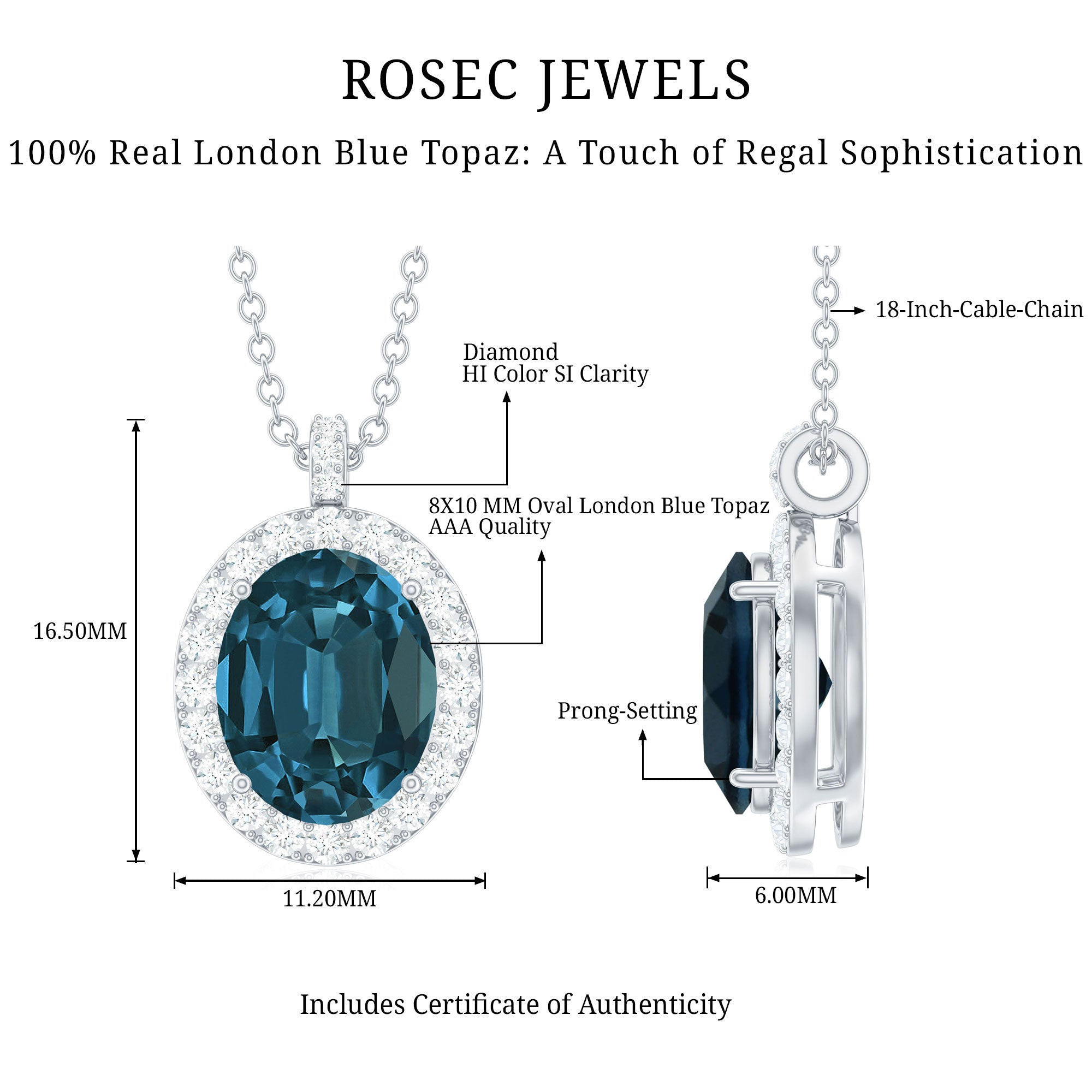 Genuine 2.5 Carat Oval Cut London Blue Topaz and Diamond Necklace