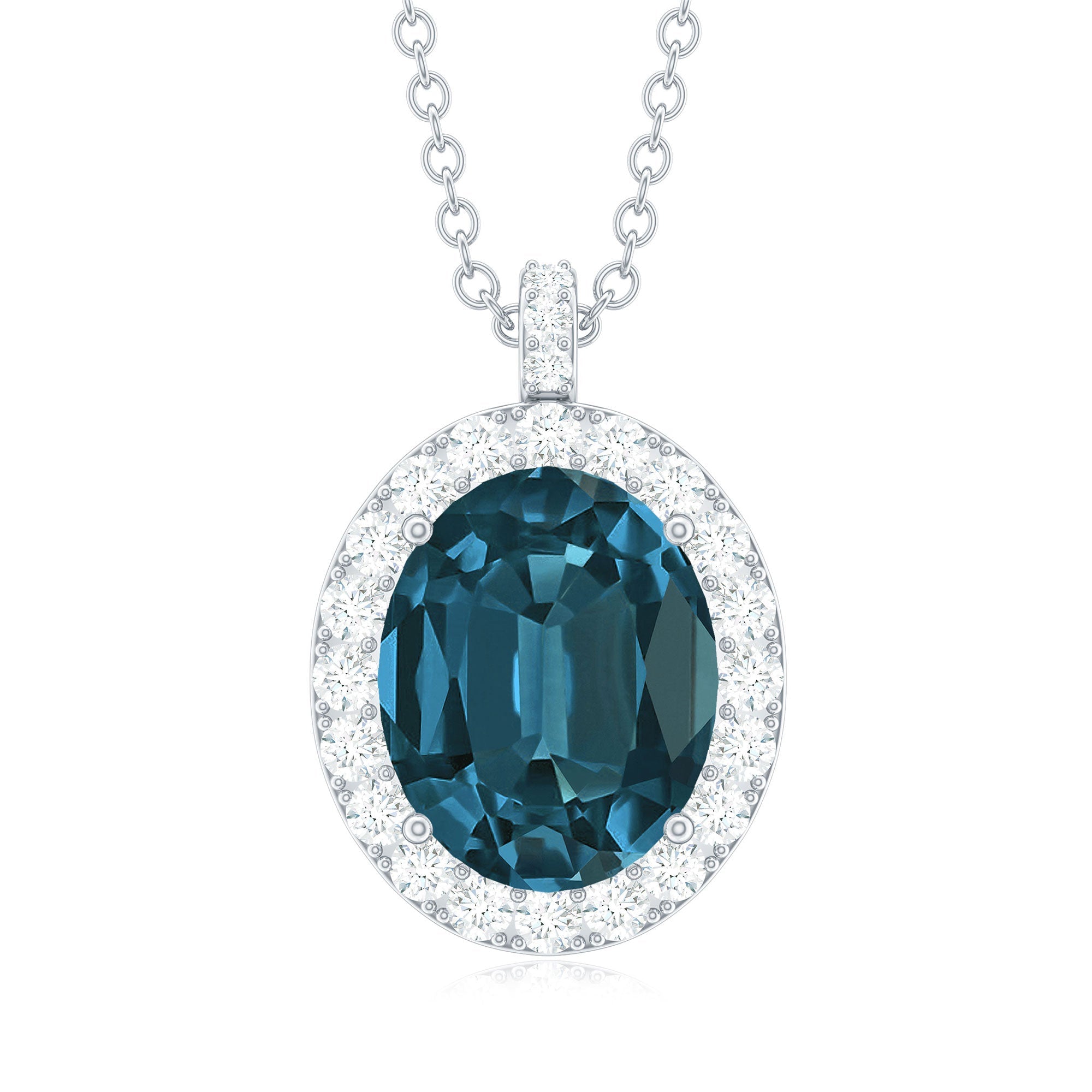 Genuine 2.5 Carat Oval Cut London Blue Topaz and Diamond Necklace