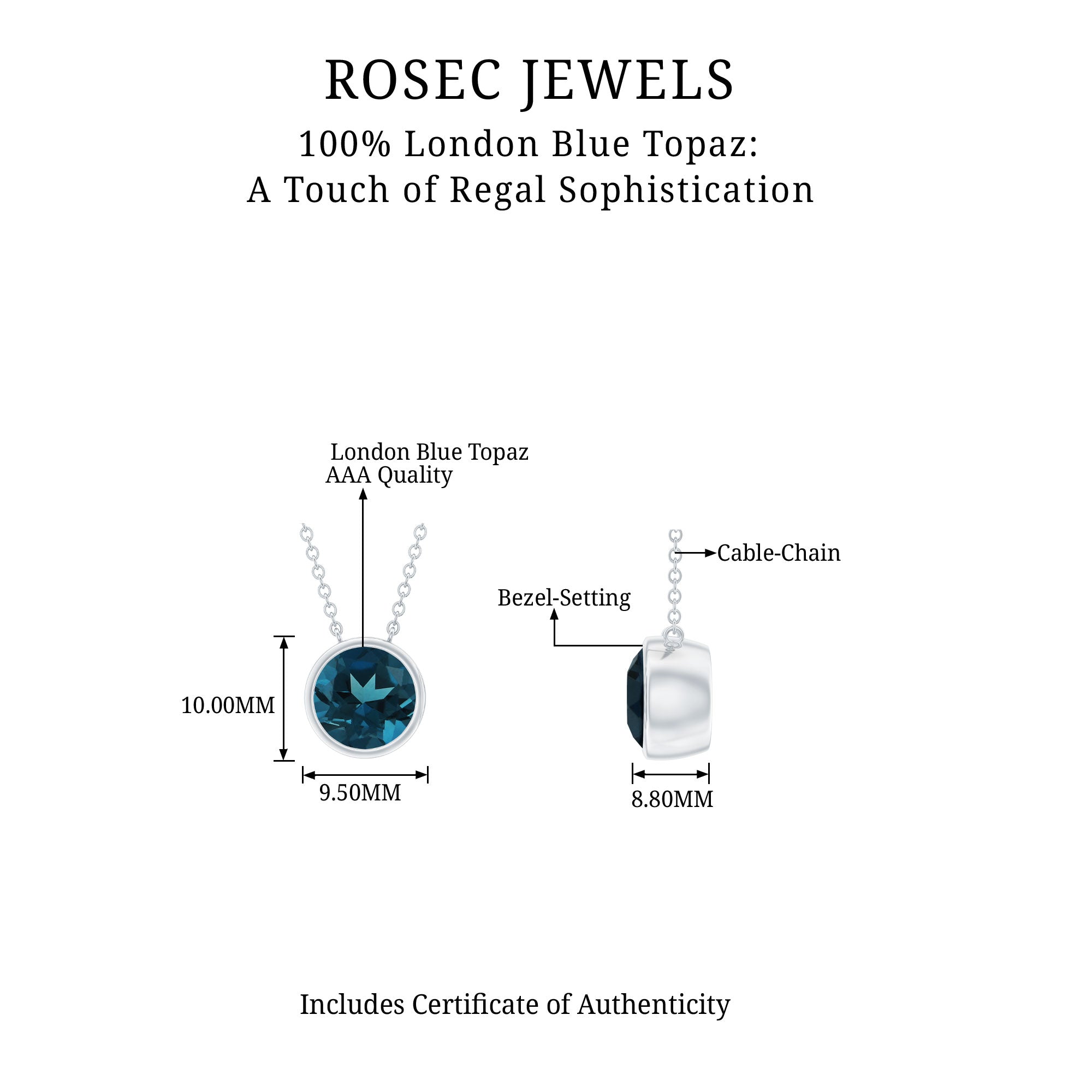 2 Carat Solitaire London Blue Topaz Chain Necklace in Bezel Setting