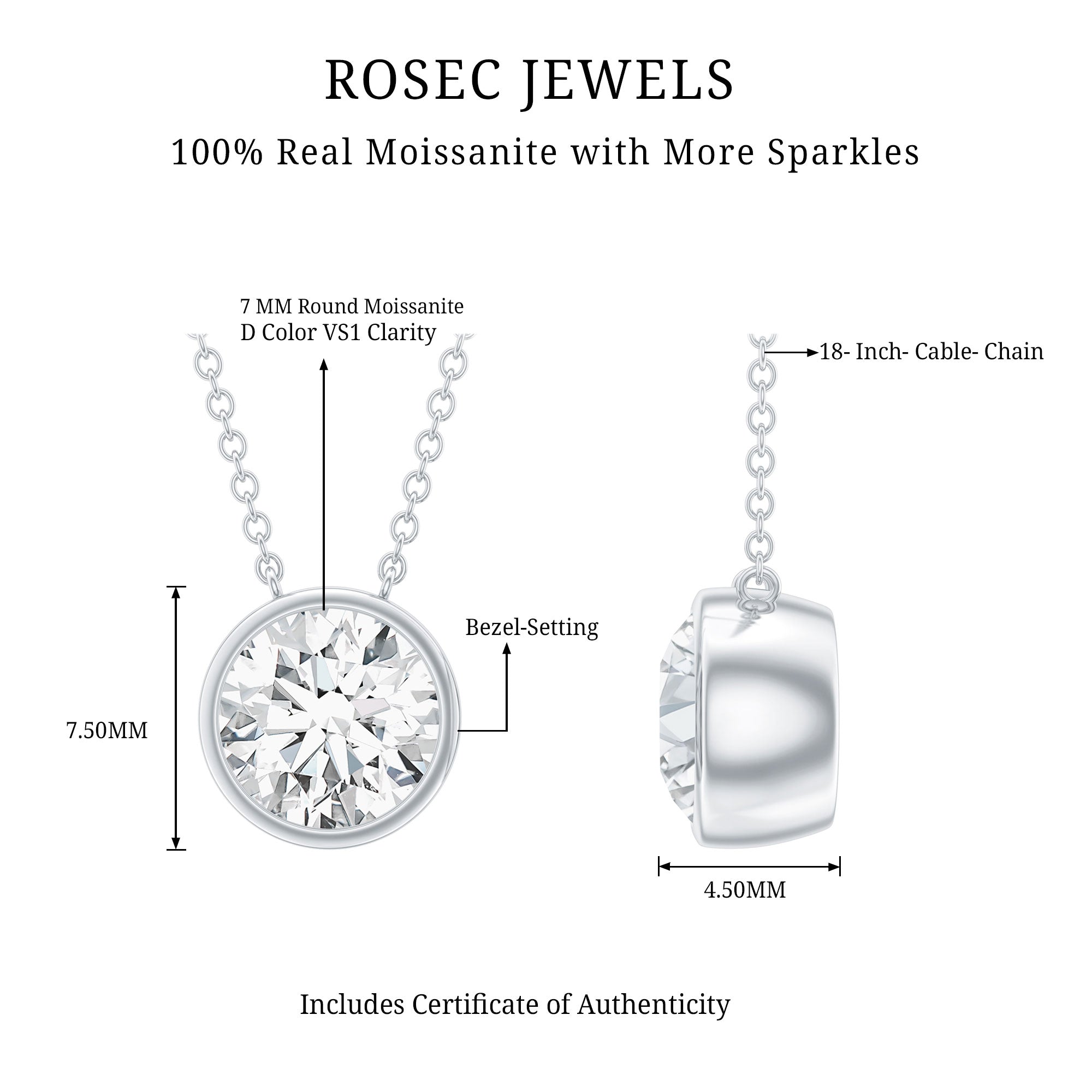 Bezel Set 1.36 Carat Round Moissanite Necklace in Silver