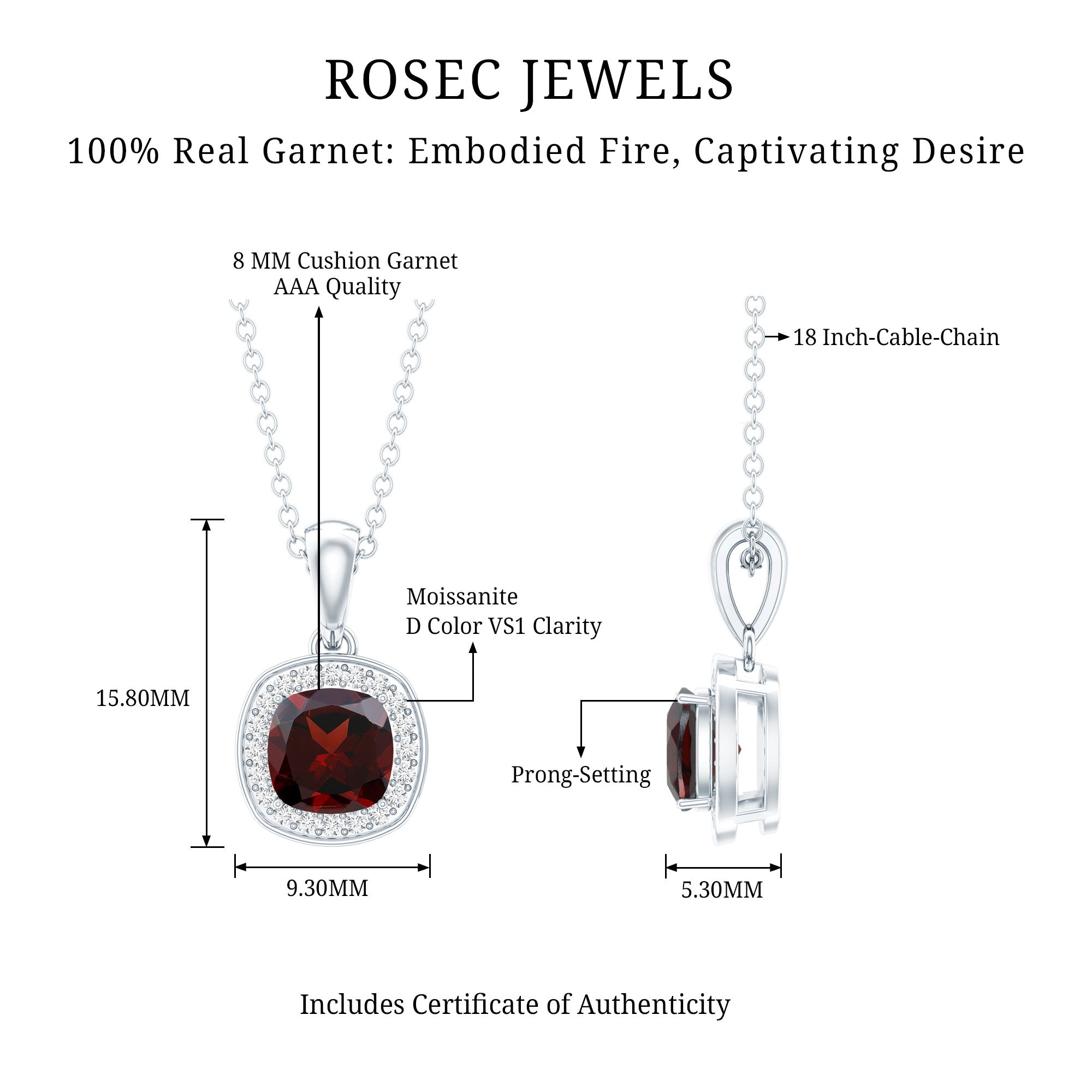 Natural 3 Carat Garnet Halo Necklace with Silver Chain
