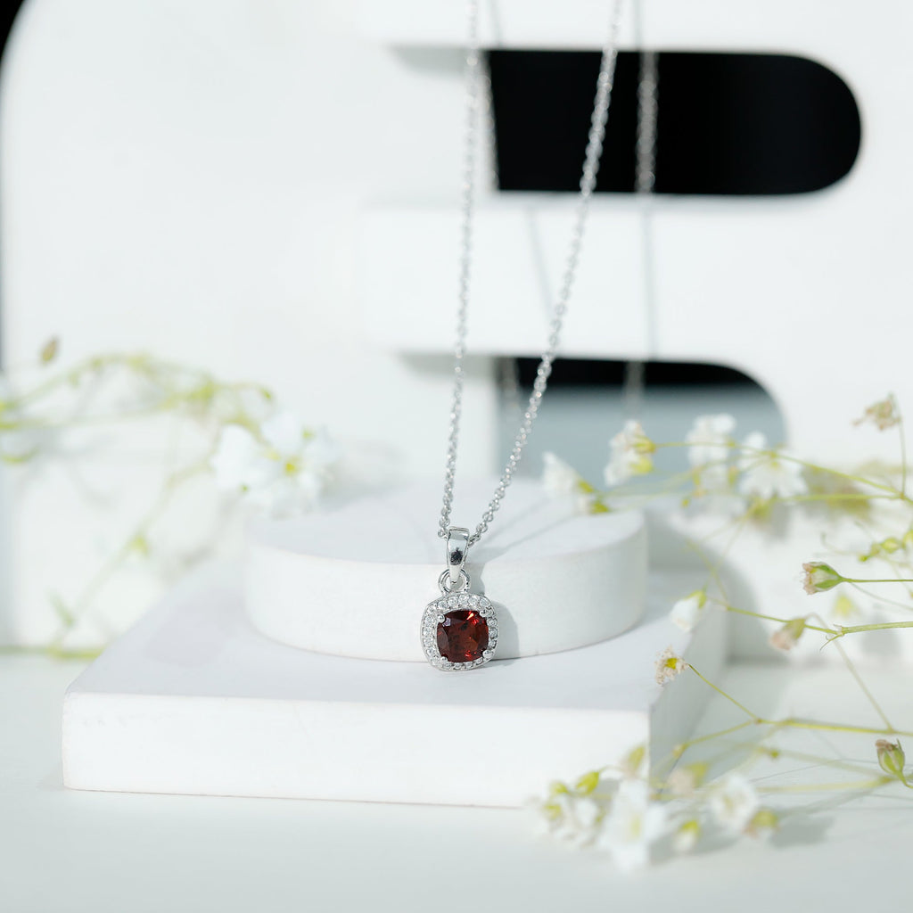 Natural 3 Carat Garnet Halo Necklace with Silver Chain