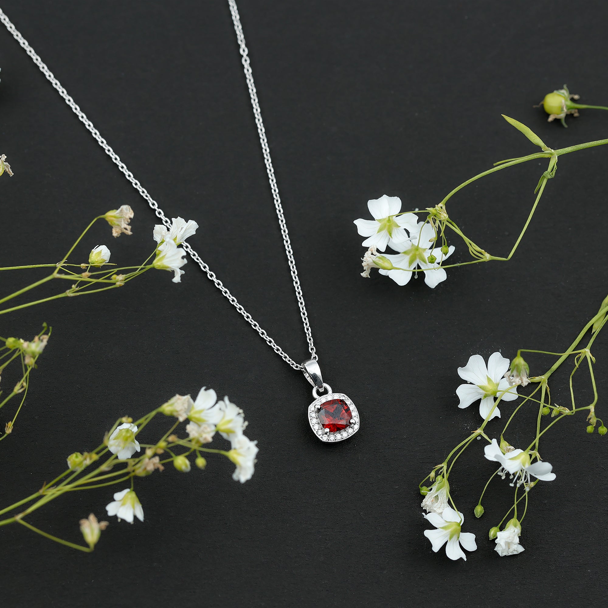 Natural 3 Carat Garnet Halo Necklace with Silver Chain
