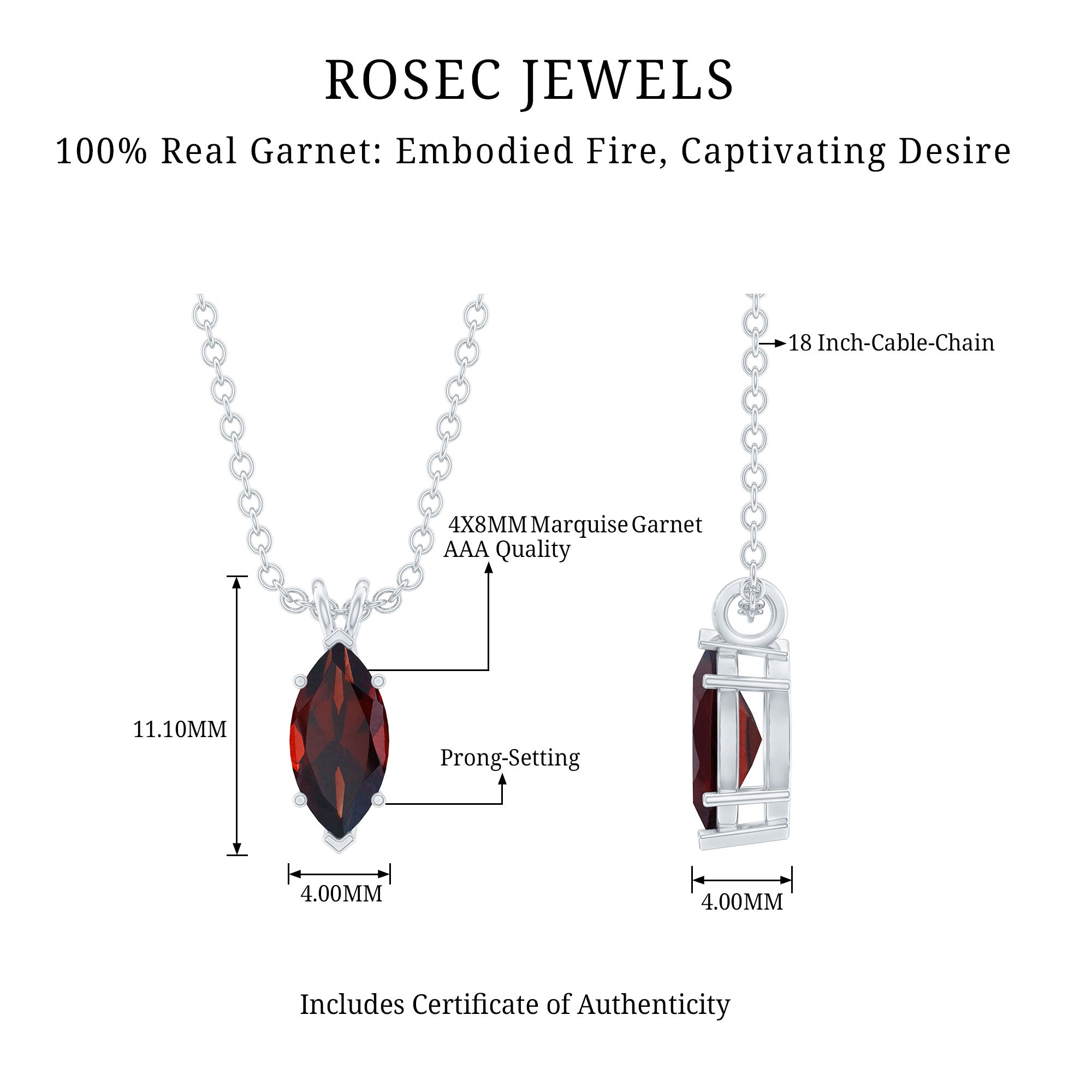 Real 0.75 Carat Garnet Marquise Necklace with Chain