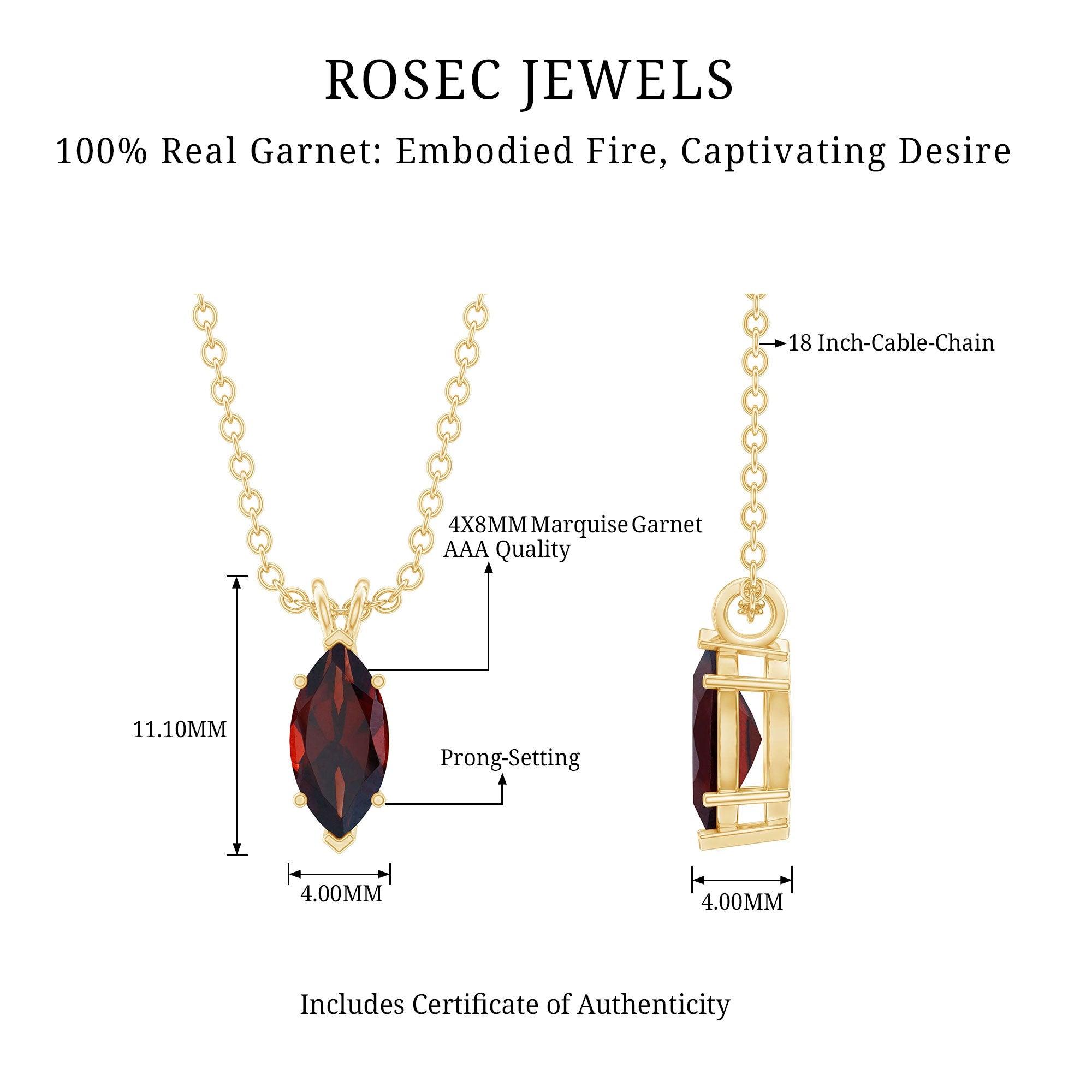 0.75 Carat Marquise Cut Garnet Solitaire Necklace With Chain