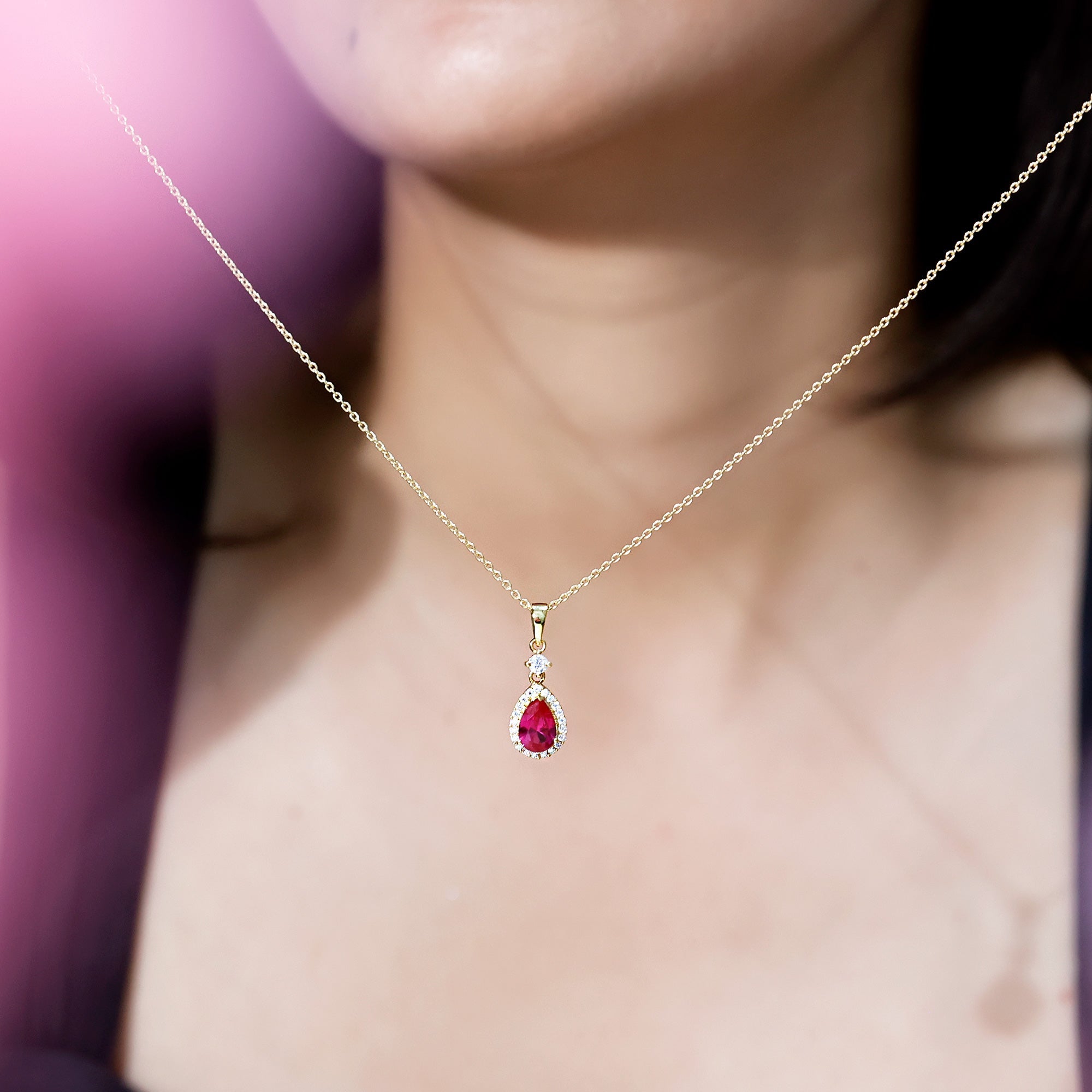 Lab Created Ruby Teardrop Necklace with Moissanite Halo