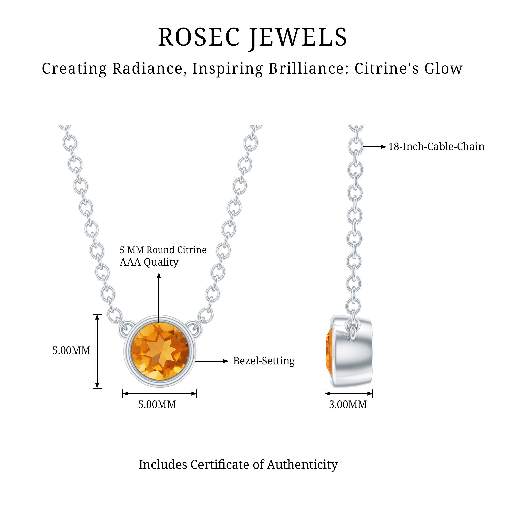 Round Shape Citrine Solitaire Necklace in Bezel Setting