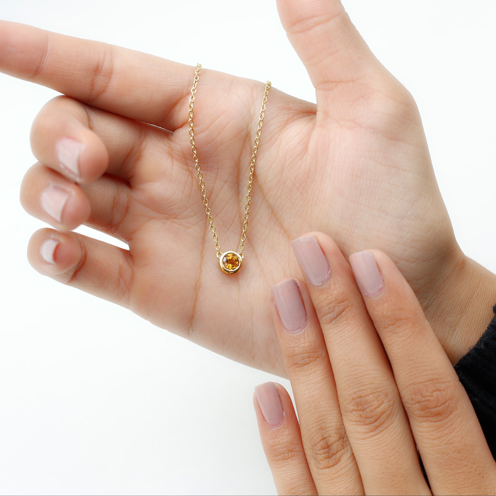 Round Shape Citrine Solitaire Necklace in Bezel Setting