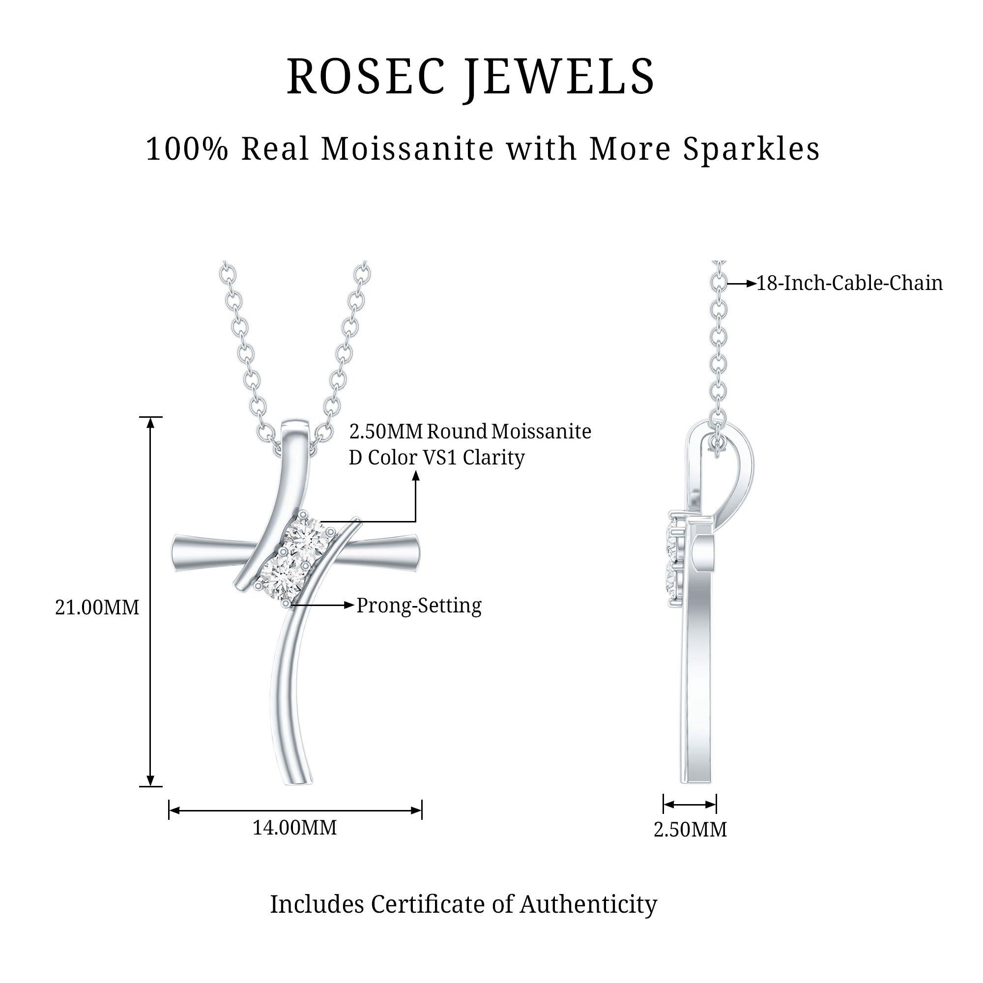 Certified Moissanite Cross Pendant Necklace in sterling Silver