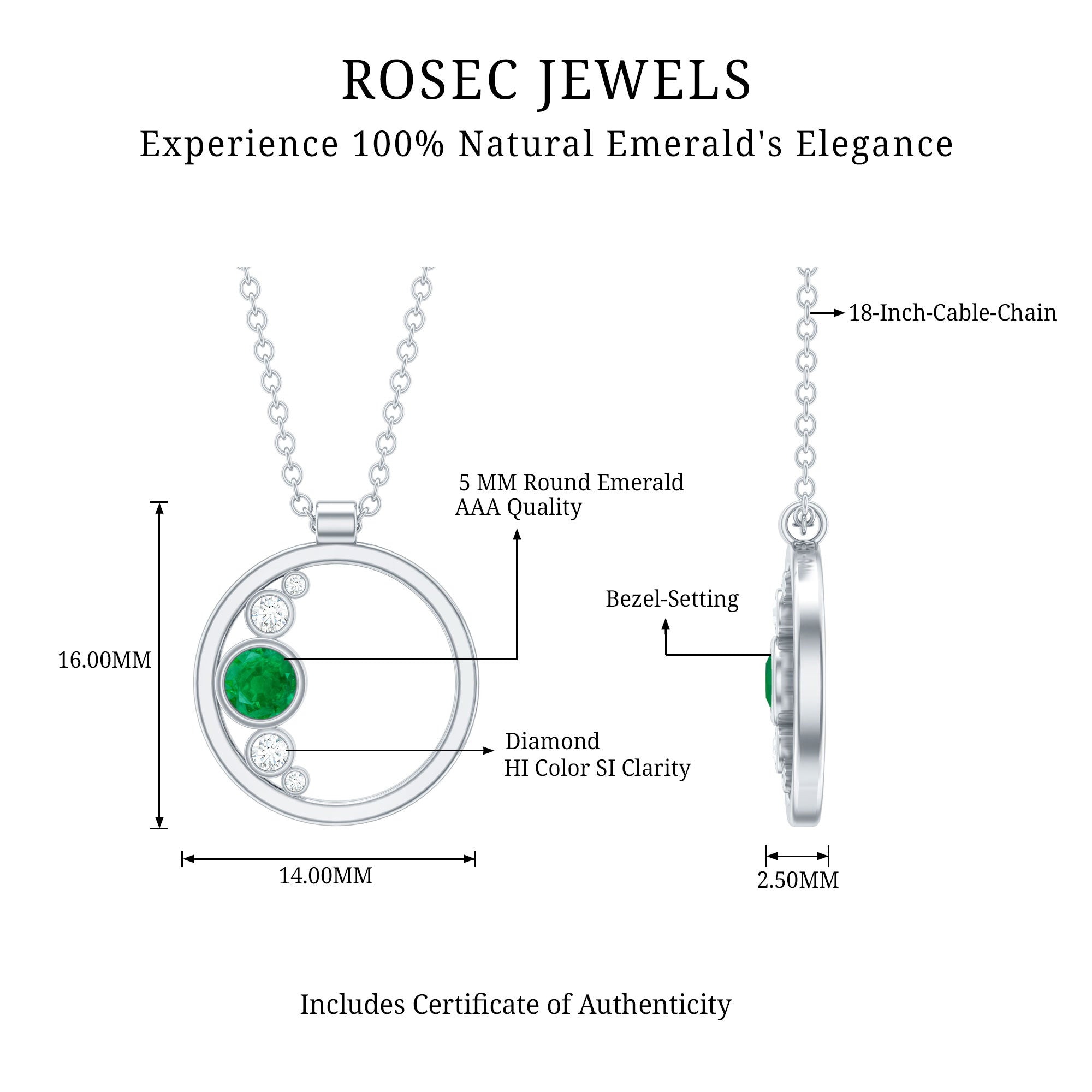 Bezel Set Emerald and Diamond Promise Necklace For Women