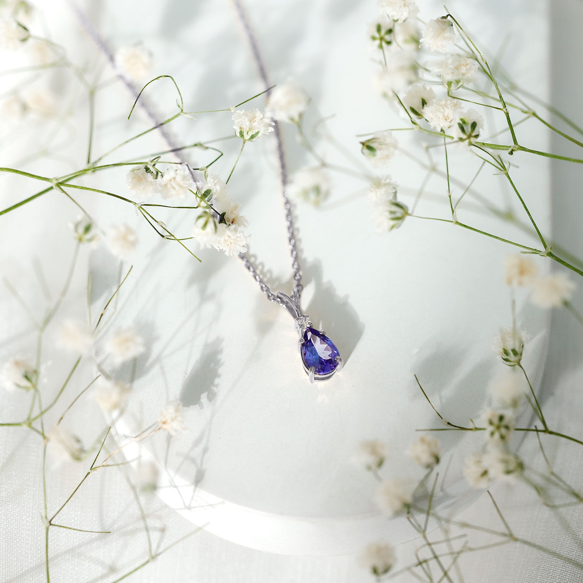 Real Tanzanite Teardrop Pendant Necklace with Diamond