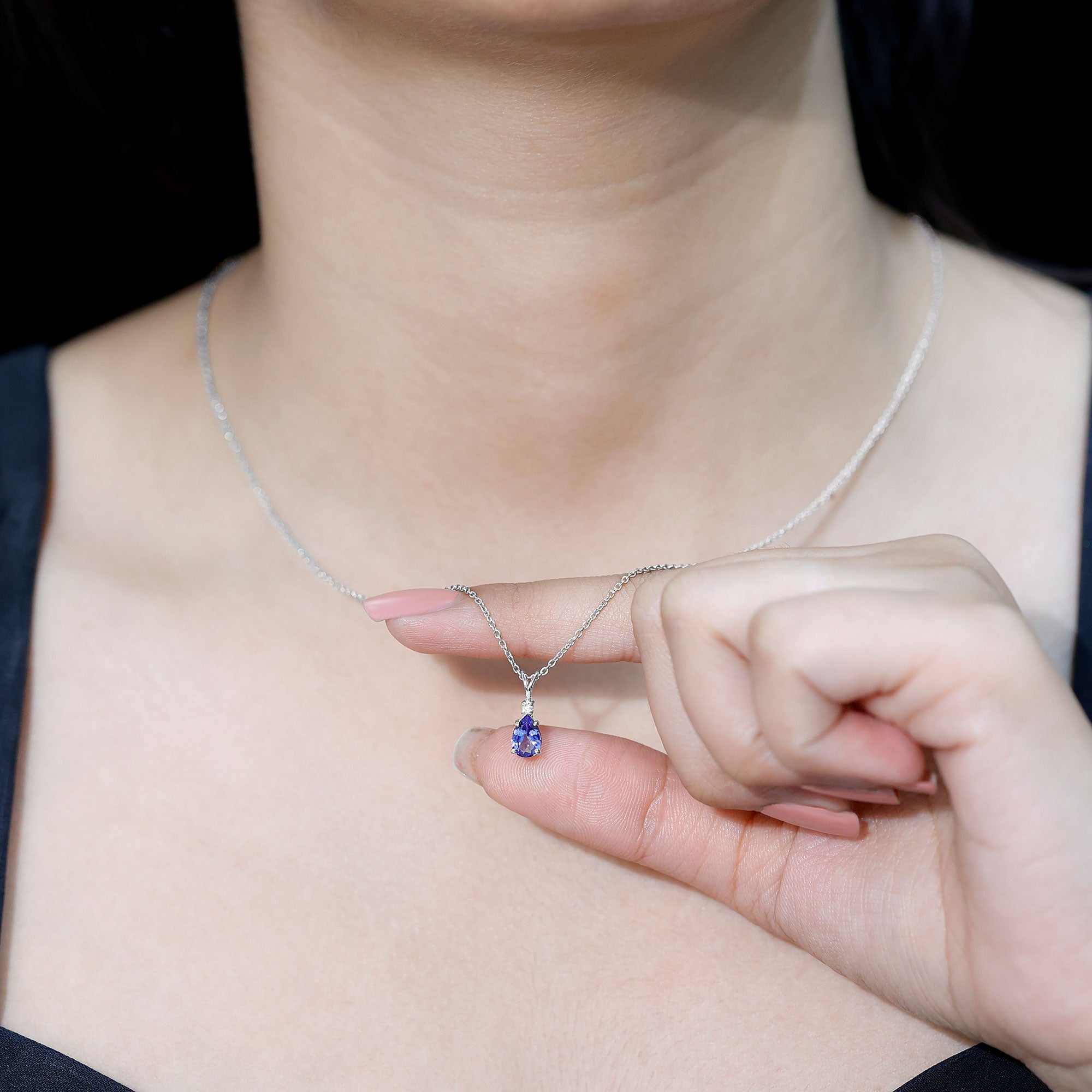 Real Tanzanite Teardrop Pendant Necklace with Diamond