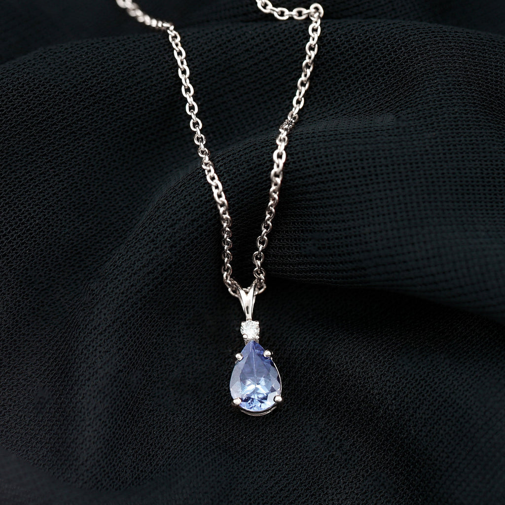 Real Tanzanite Teardrop Pendant Necklace with Diamond