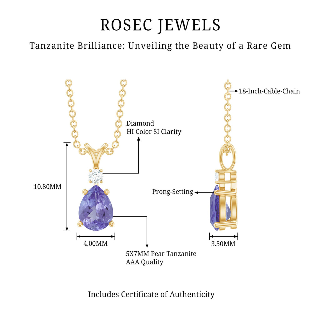 Real Tanzanite Teardrop Pendant Necklace with Diamond