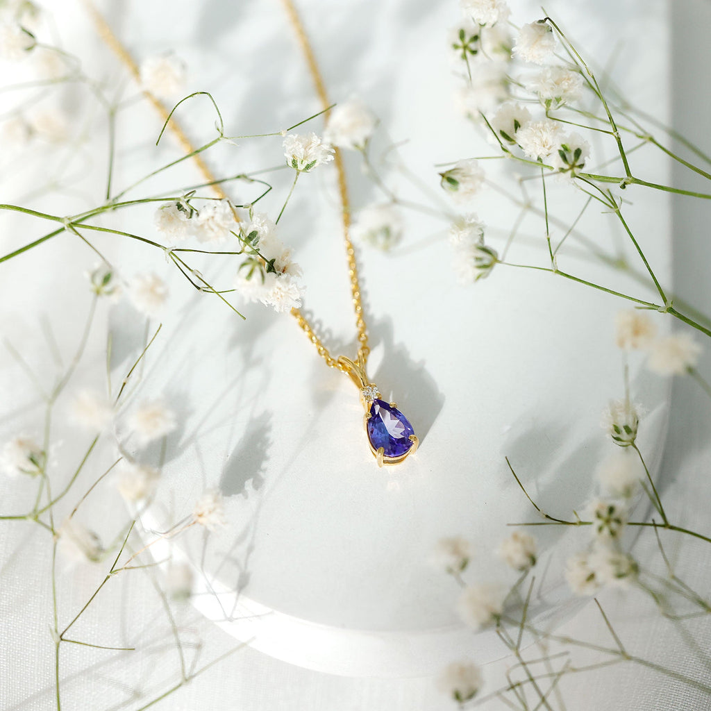 Real Tanzanite Teardrop Pendant Necklace with Diamond
