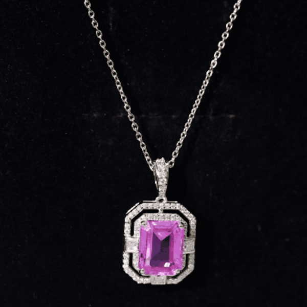 2.7 Carat Lab Created Pink Sapphire Emerald Cut Pendant with Moissanite