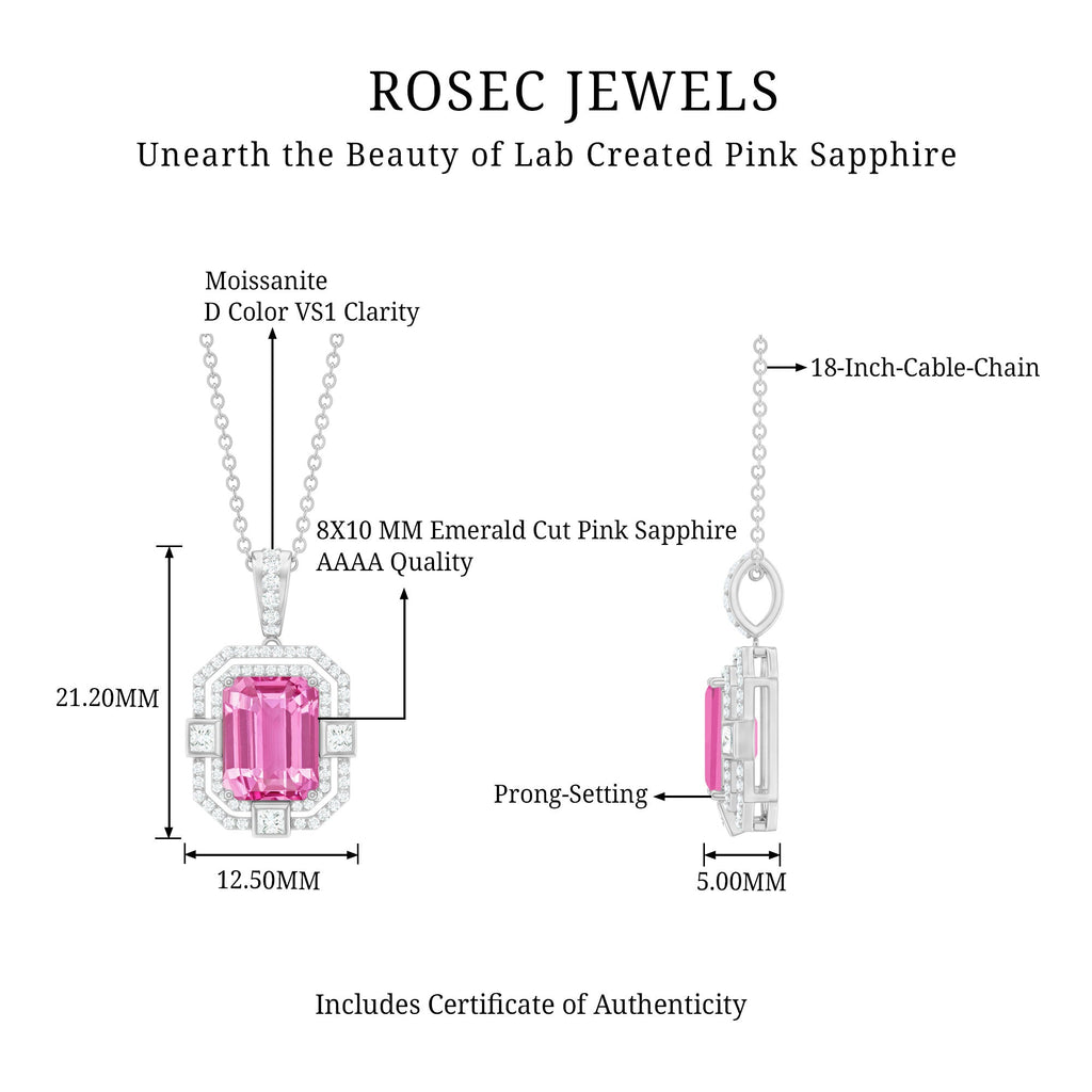 2.7 Carat Lab Created Pink Sapphire Emerald Cut Pendant with Moissanite
