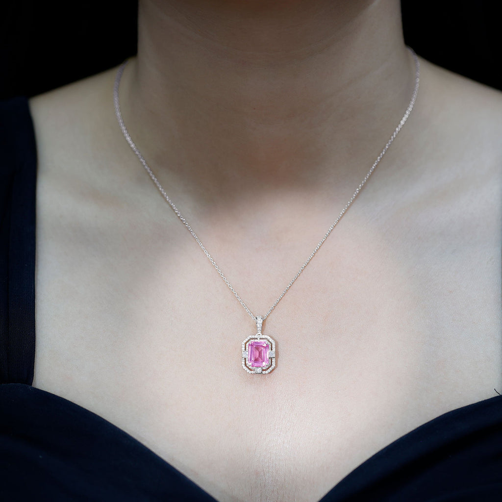2.7 Carat Lab Created Pink Sapphire Emerald Cut Pendant with Moissanite