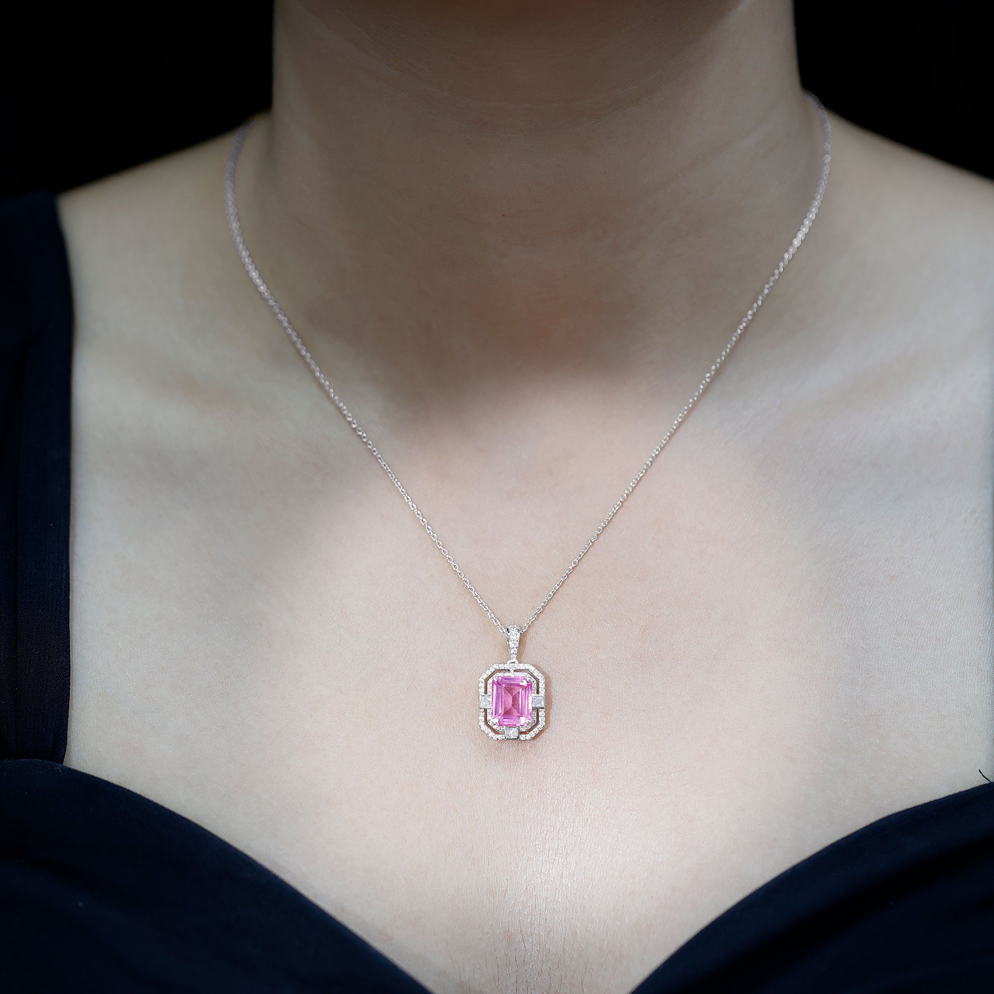 2.7 Carat Lab Created Pink Sapphire Emerald Cut Pendant with Moissanite