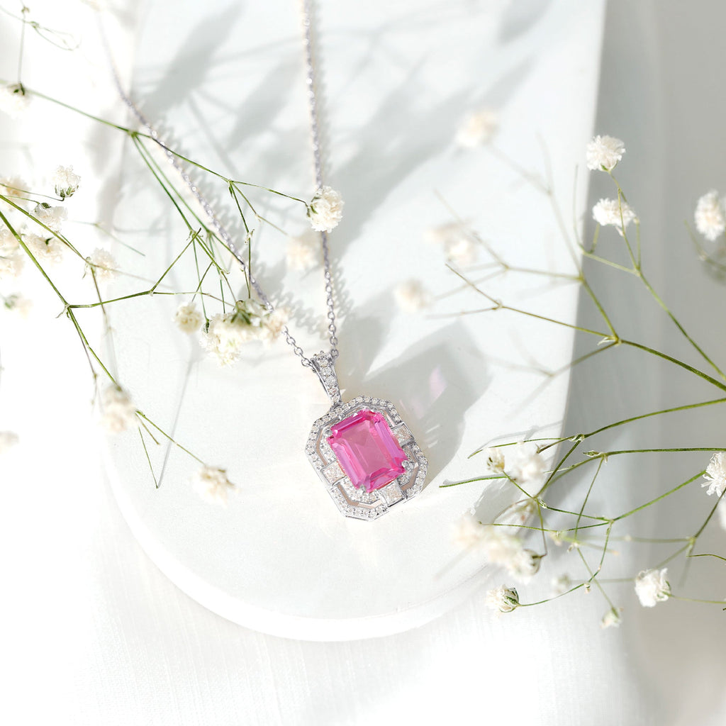2.7 Carat Lab Created Pink Sapphire Emerald Cut Pendant with Moissanite
