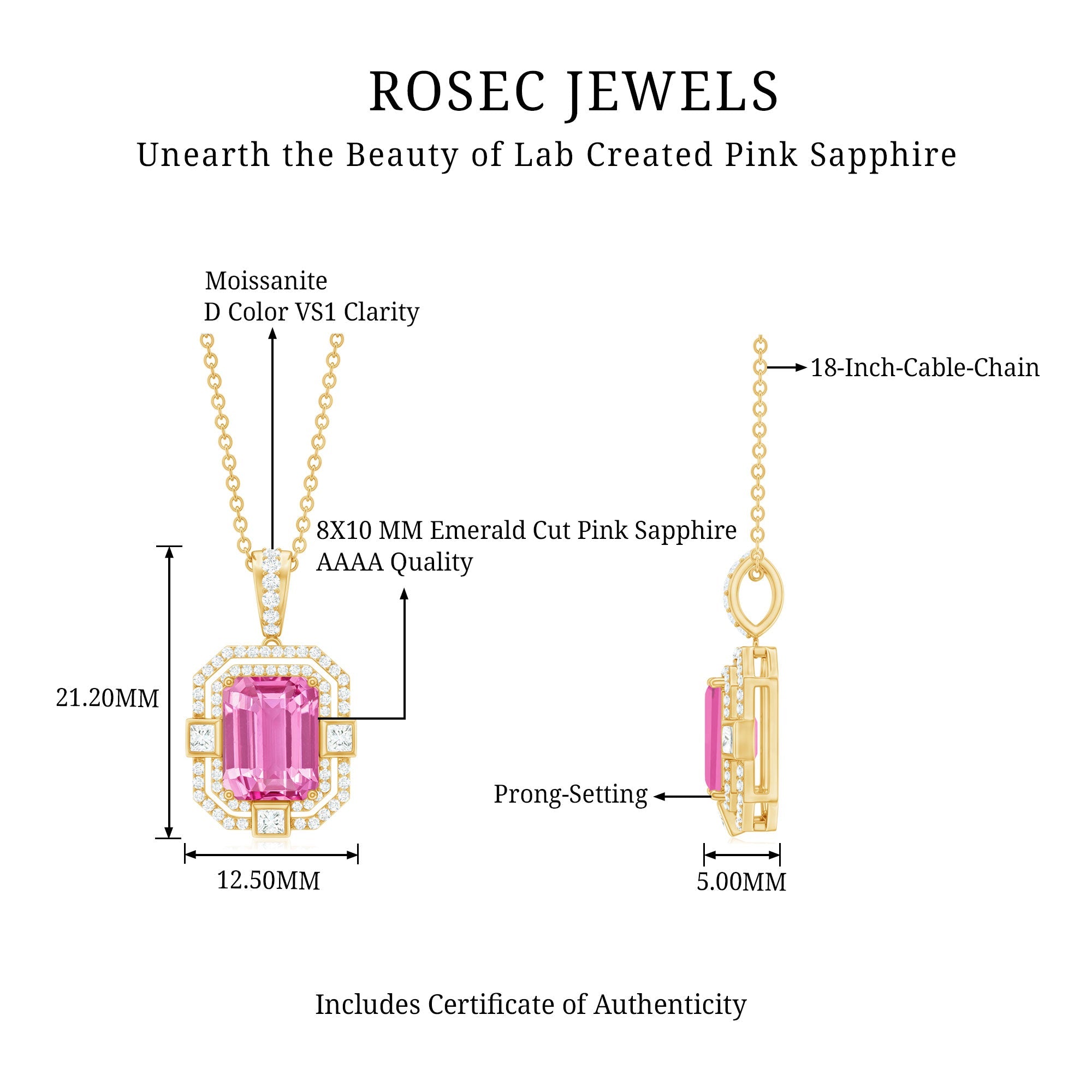 2.7 Carat Lab Created Pink Sapphire Emerald Cut Pendant with Moissanite