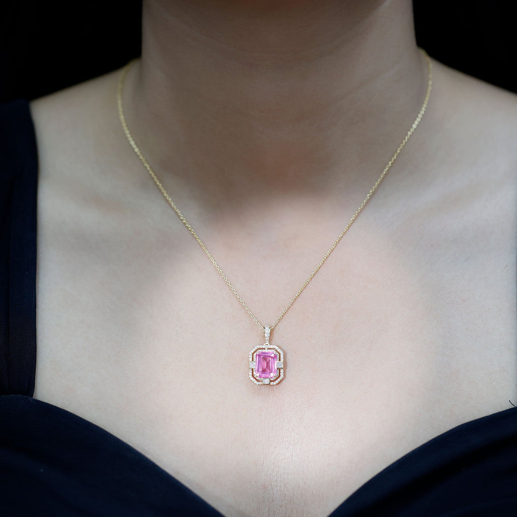 2.7 Carat Lab Created Pink Sapphire Emerald Cut Pendant with Moissanite