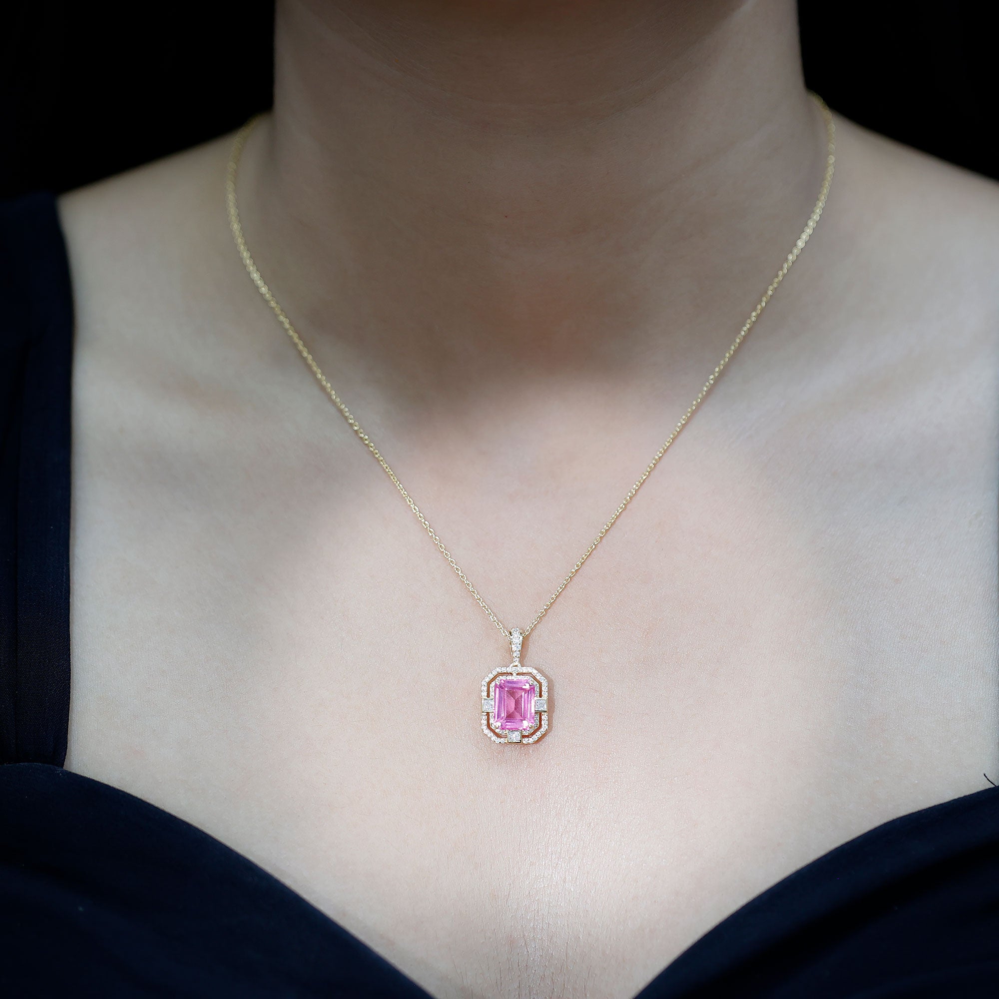 2.7 Carat Lab Created Pink Sapphire Emerald Cut Pendant with Moissanite