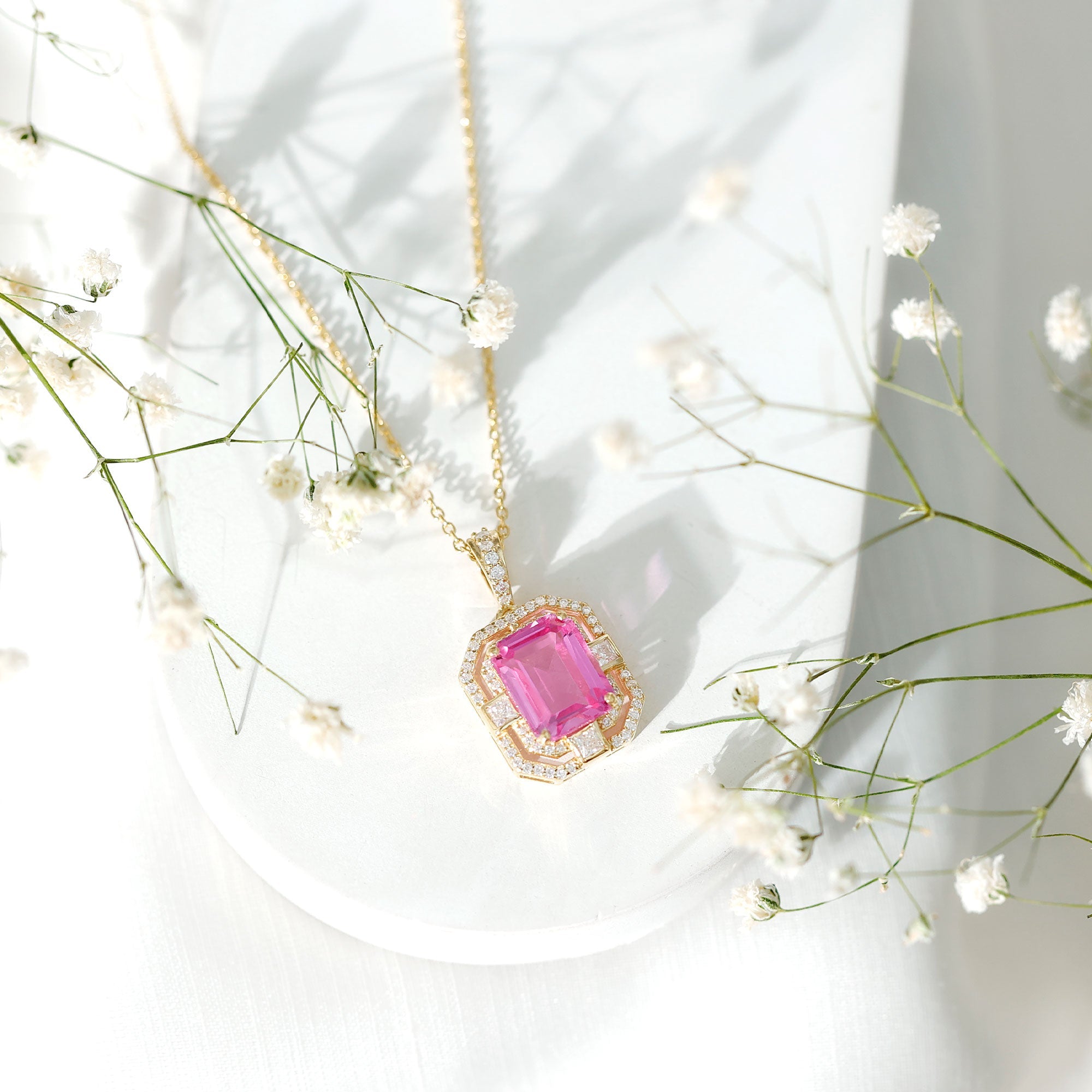 2.7 Carat Lab Created Pink Sapphire Emerald Cut Pendant with Moissanite