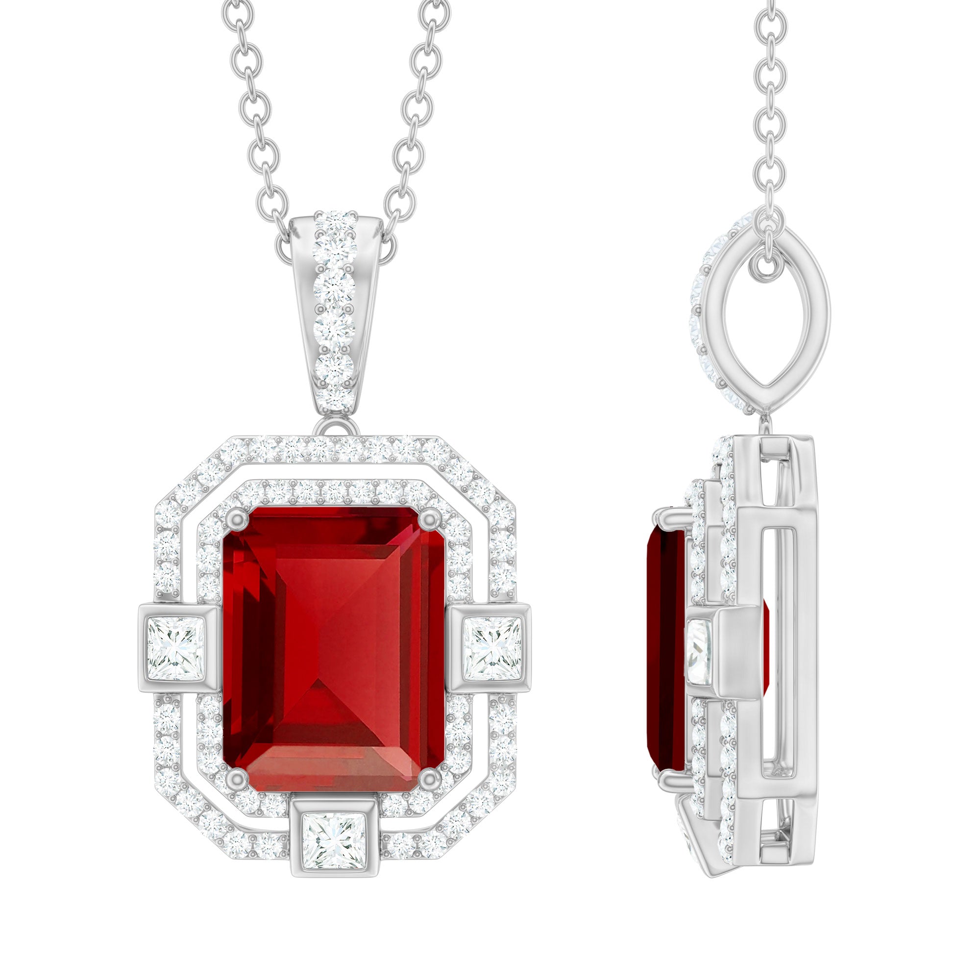 Vintage Inspired Lab Created Ruby Emerald Cut Necklace with Certificate