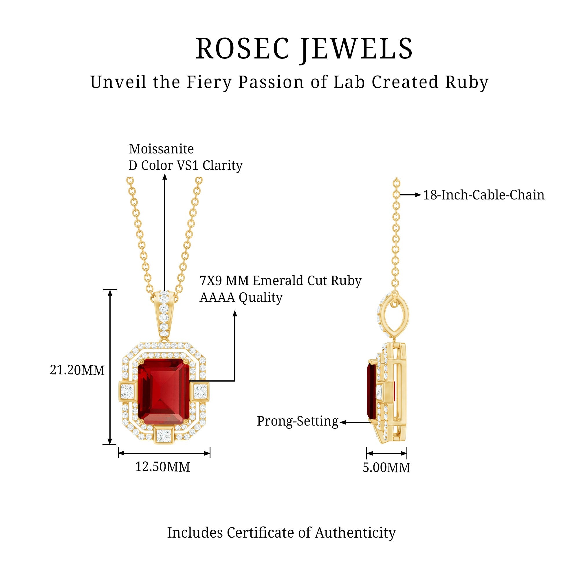 Vintage Inspired Lab Created Ruby Emerald Cut Necklace with Certificate