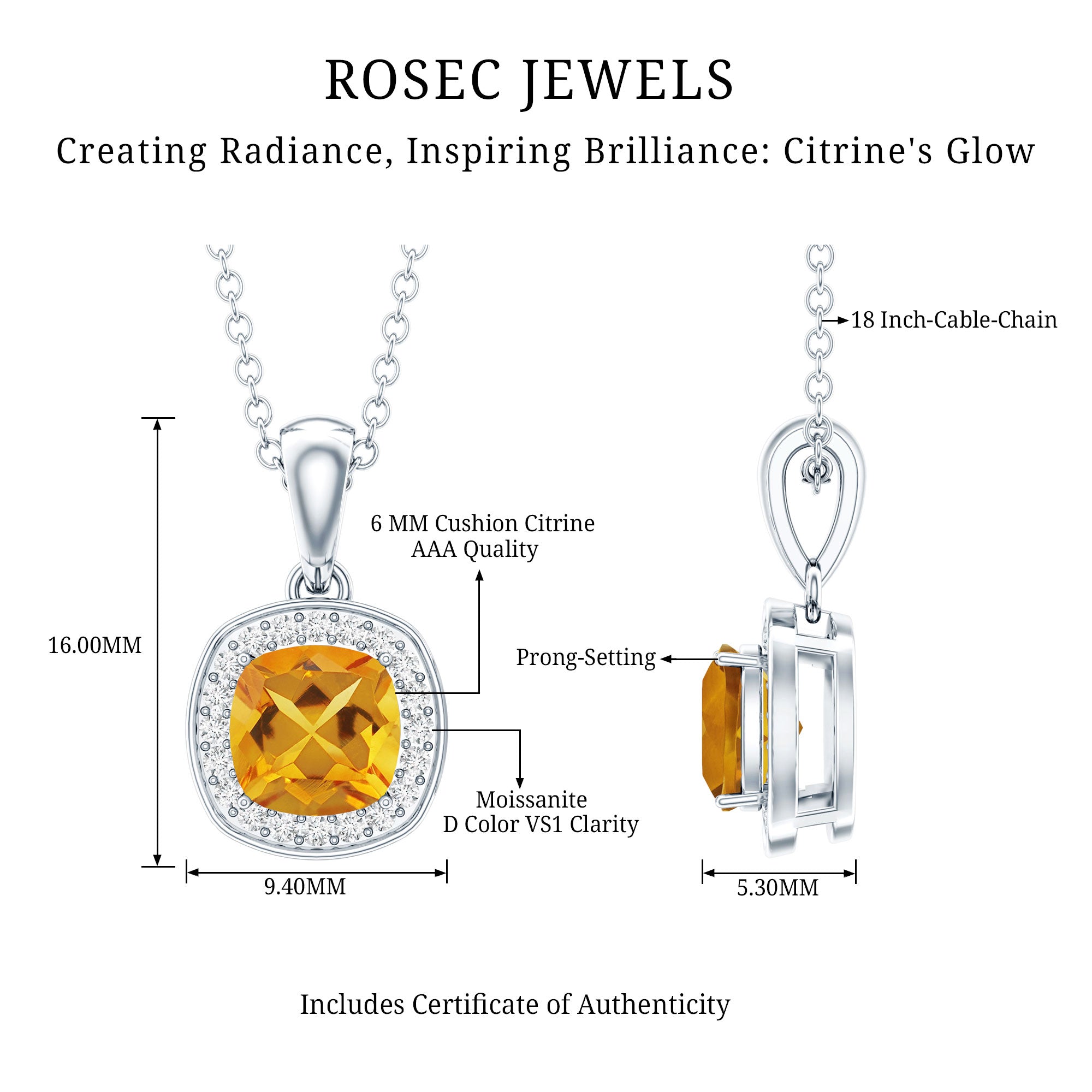 Cushion Cut 1 Carat Citrine Pendant Necklace with Moissanite Halo