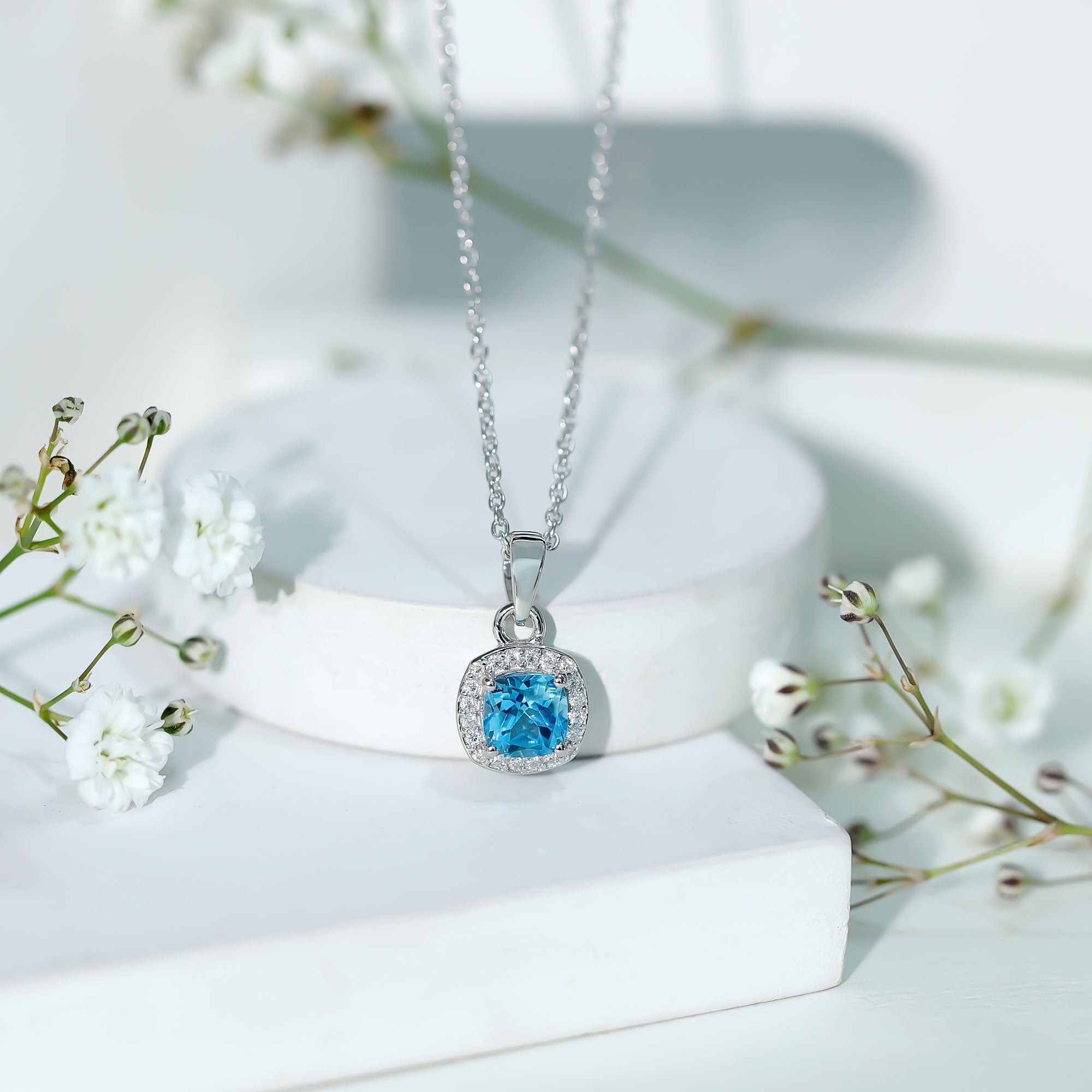 Natural Cushion Cut Swiss Blue Topaz Moissanite Halo Necklace with Silver Chain
