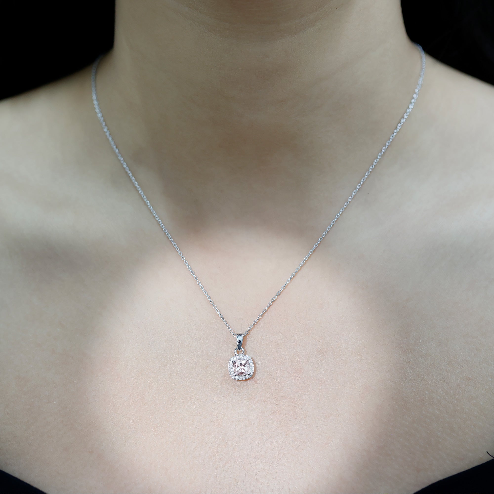 Natural Cushion Cut 1 Carat Morganite Necklace with Moissanite Halo