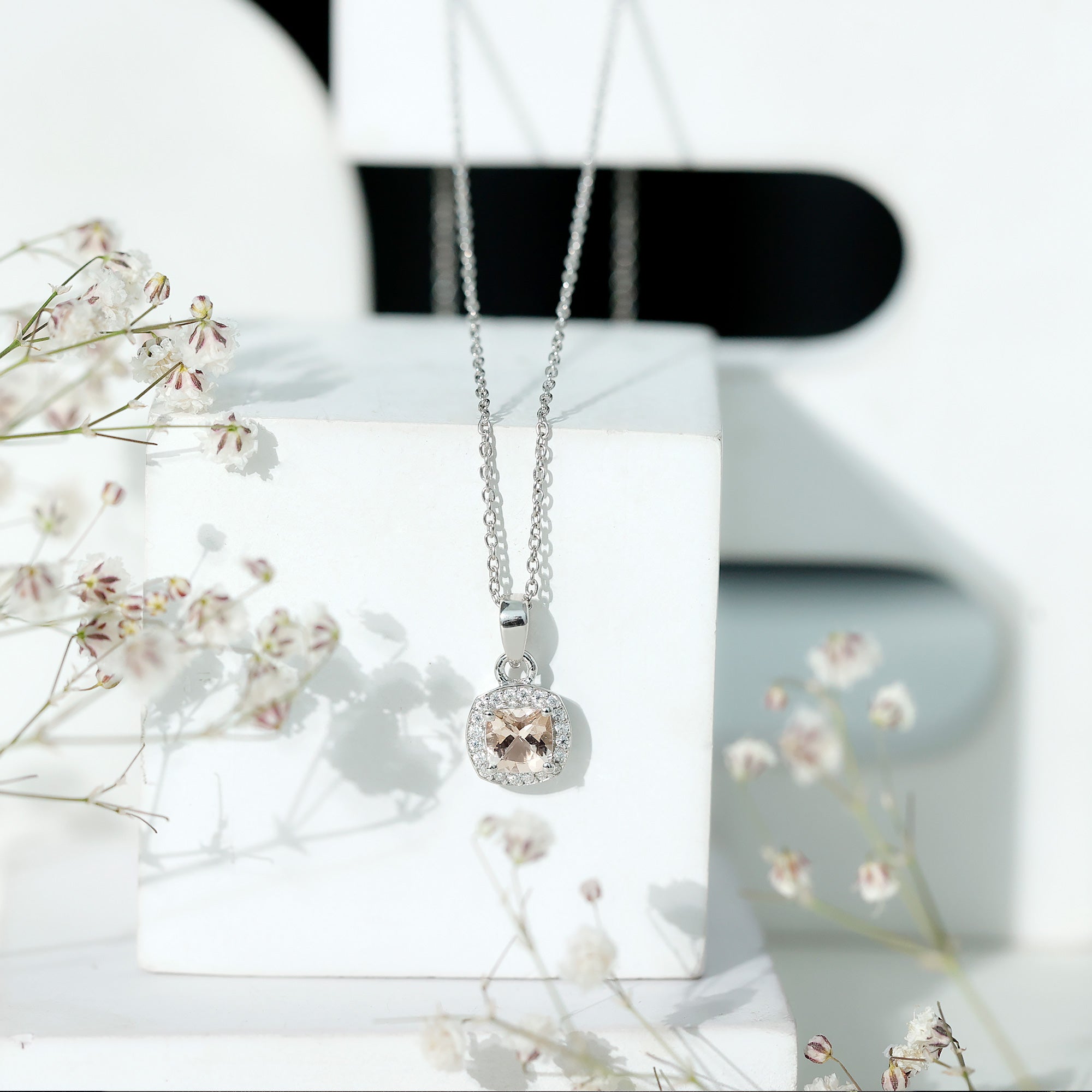 Natural Cushion Cut 1 Carat Morganite Necklace with Moissanite Halo
