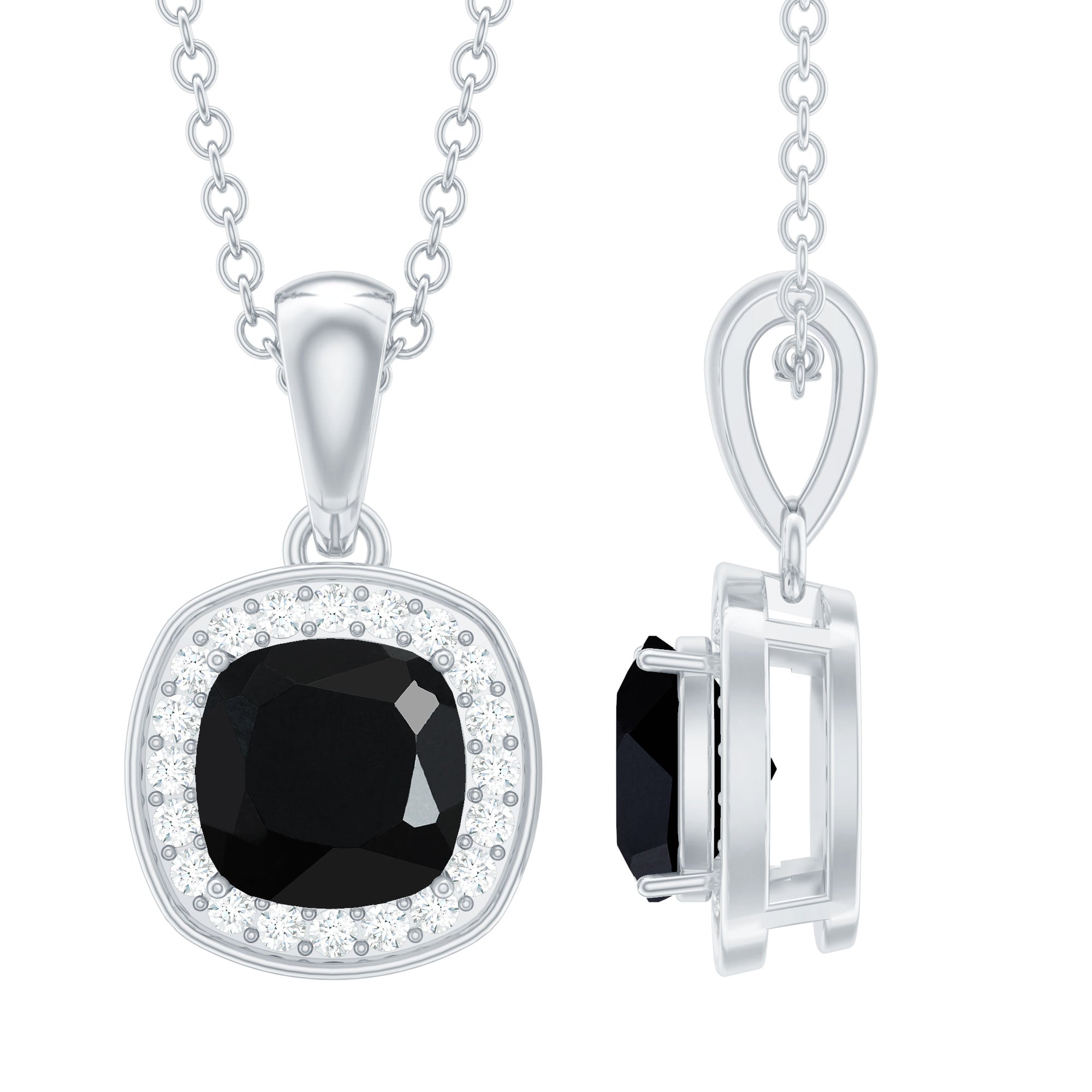 Certified 2 Carat Cushion Cut Black Spinel Necklace with Moissanite Halo