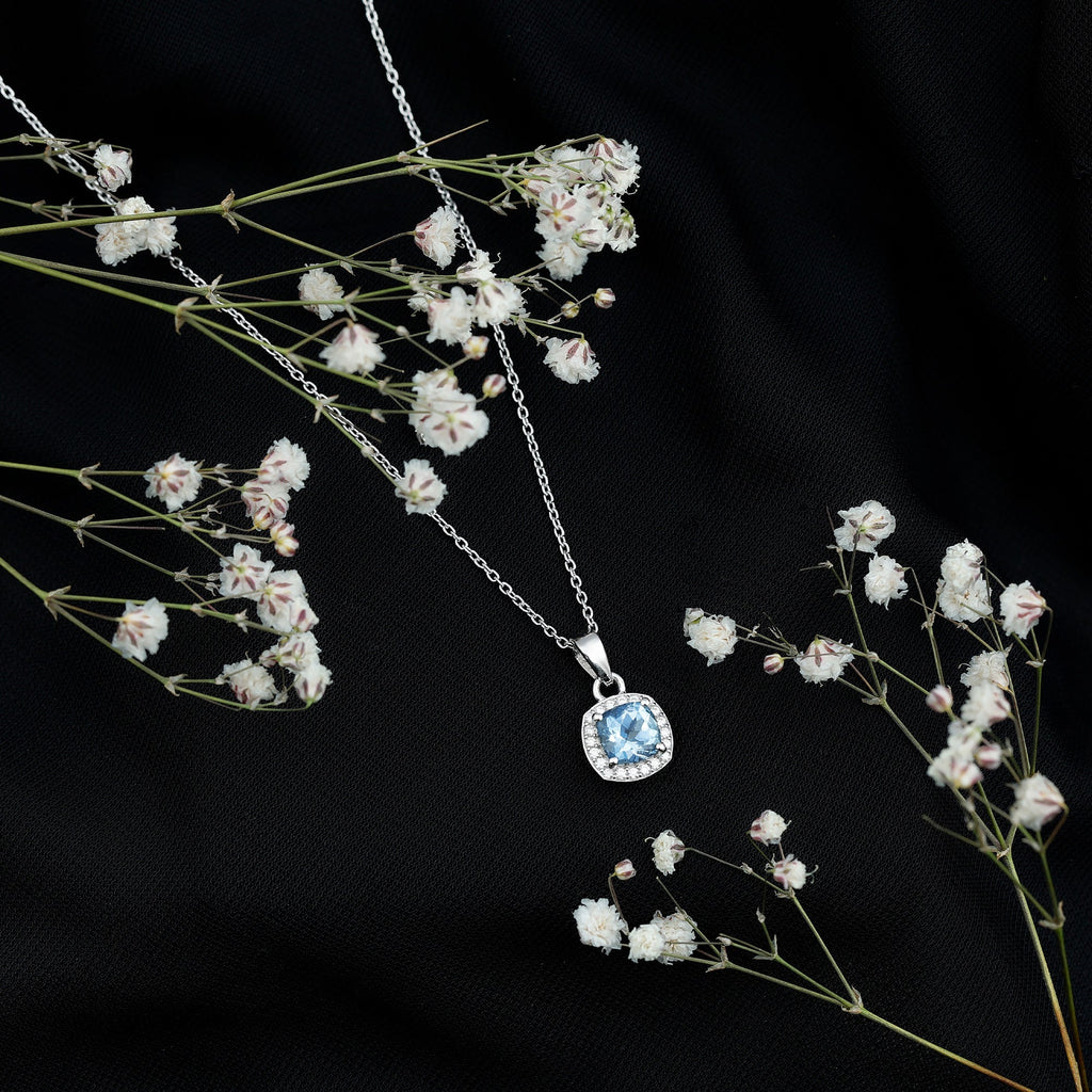 Cushion Cut 1 Carat Aquamarine Classic Necklace with Silver Chain