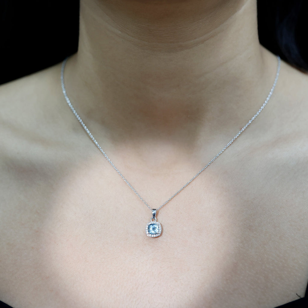 Cushion Cut 1 Carat Aquamarine Classic Necklace with Silver Chain