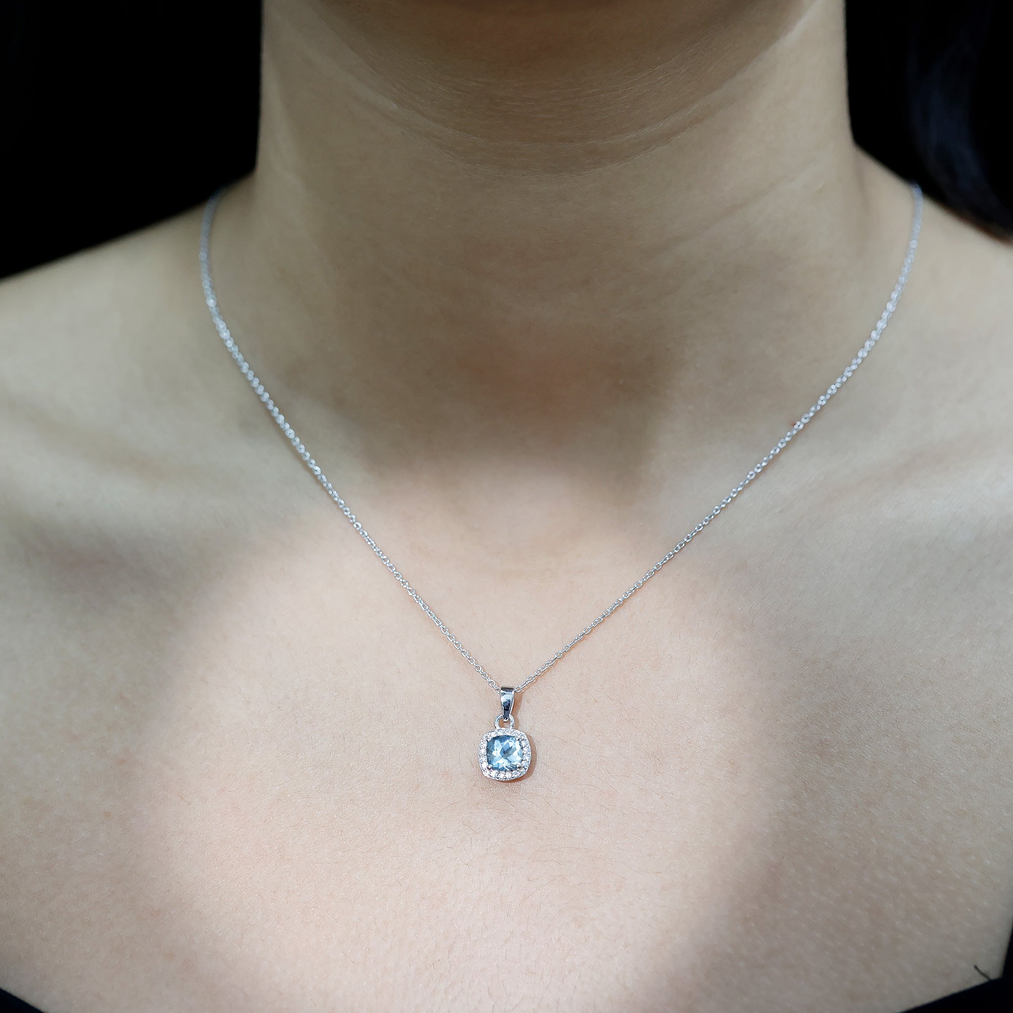 Cushion Cut 1 Carat Aquamarine Classic Necklace with Silver Chain