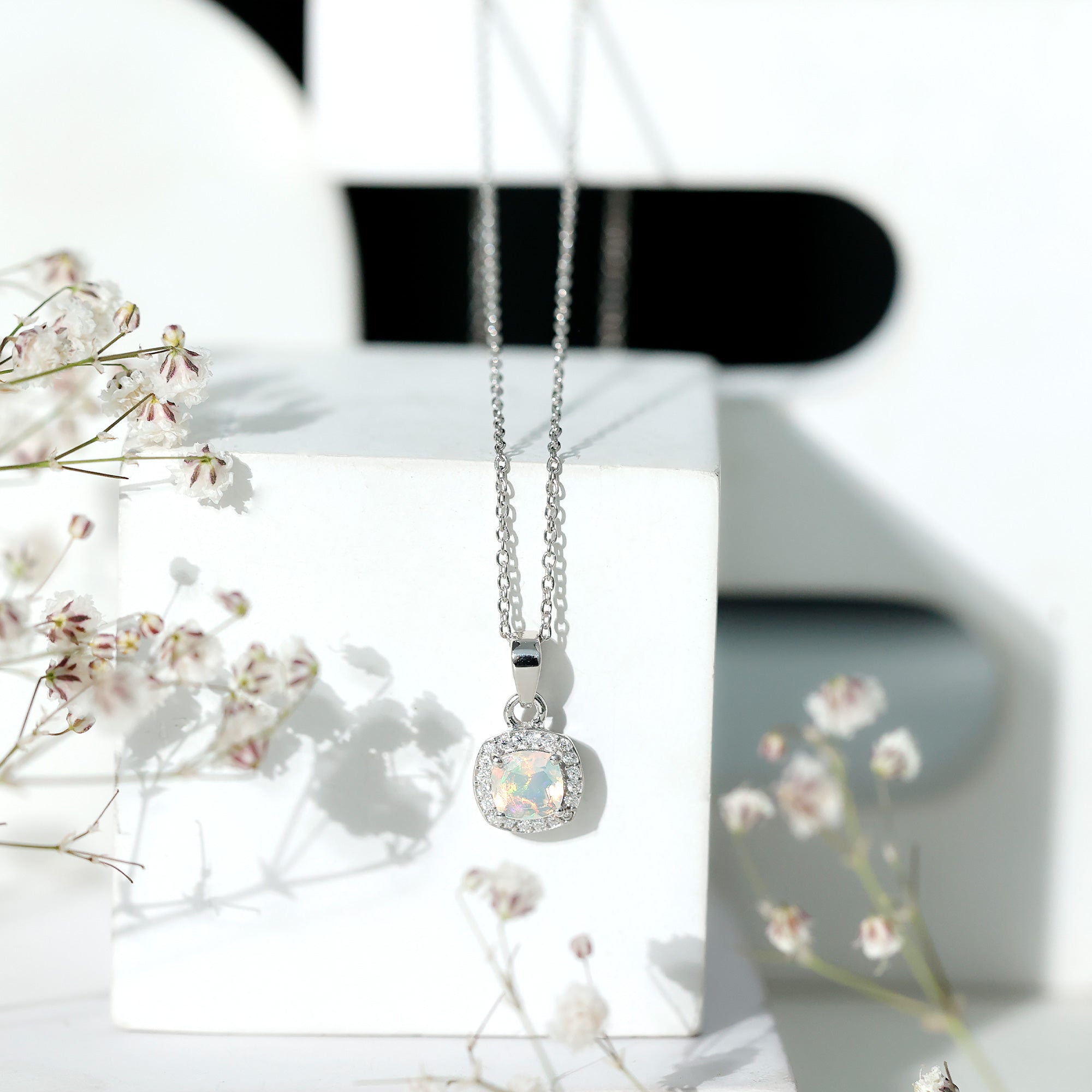 Cushion Cut 1 Carat Rainbow Opal Pendant Necklace with Silver Chain