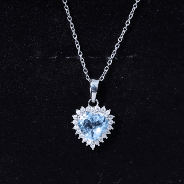 Real Sky Blue Topaz Heart Necklace with Moissanite Halo