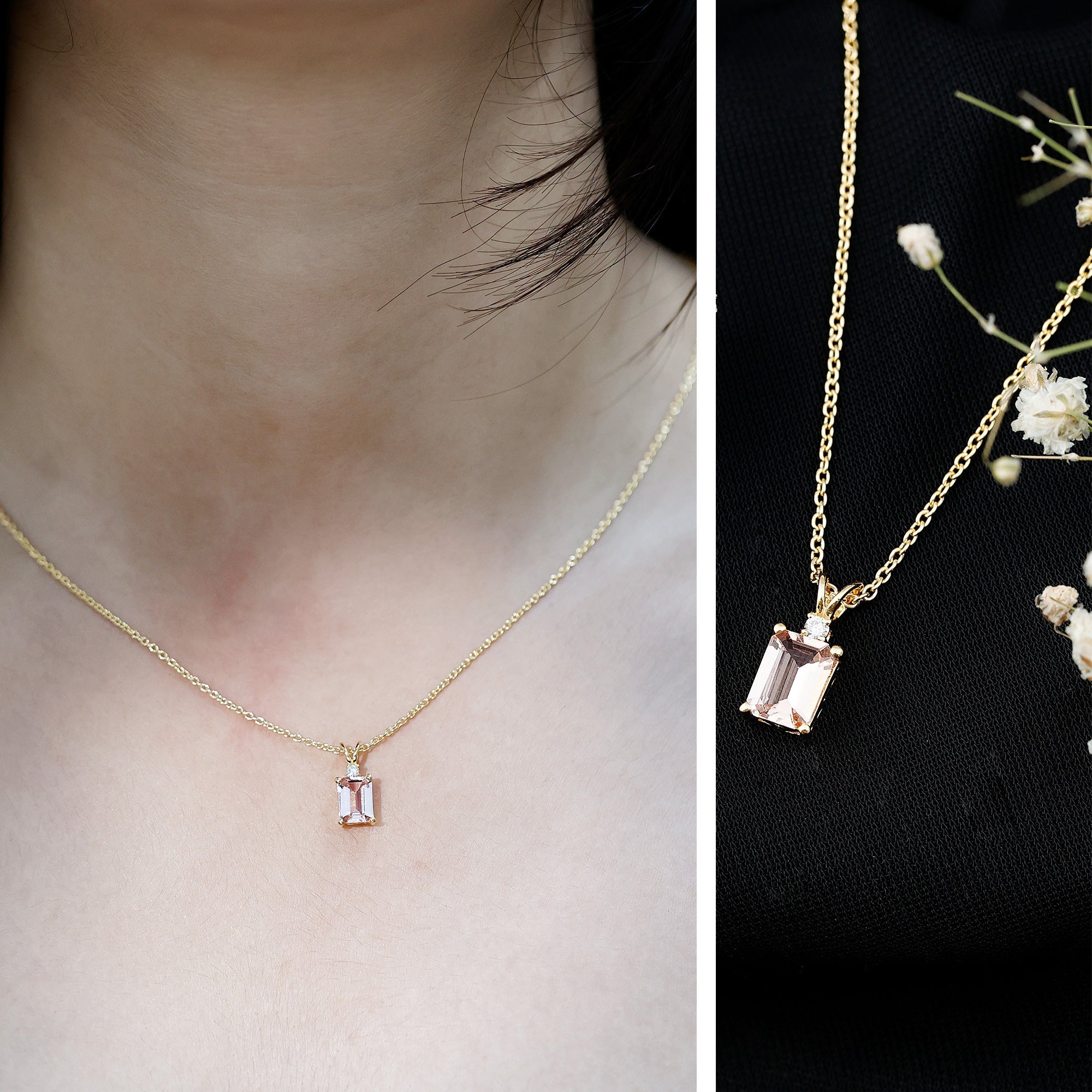 Certified 1.8 Carat Emerald Cut Morganite Solitaire Necklace with Silver Chain