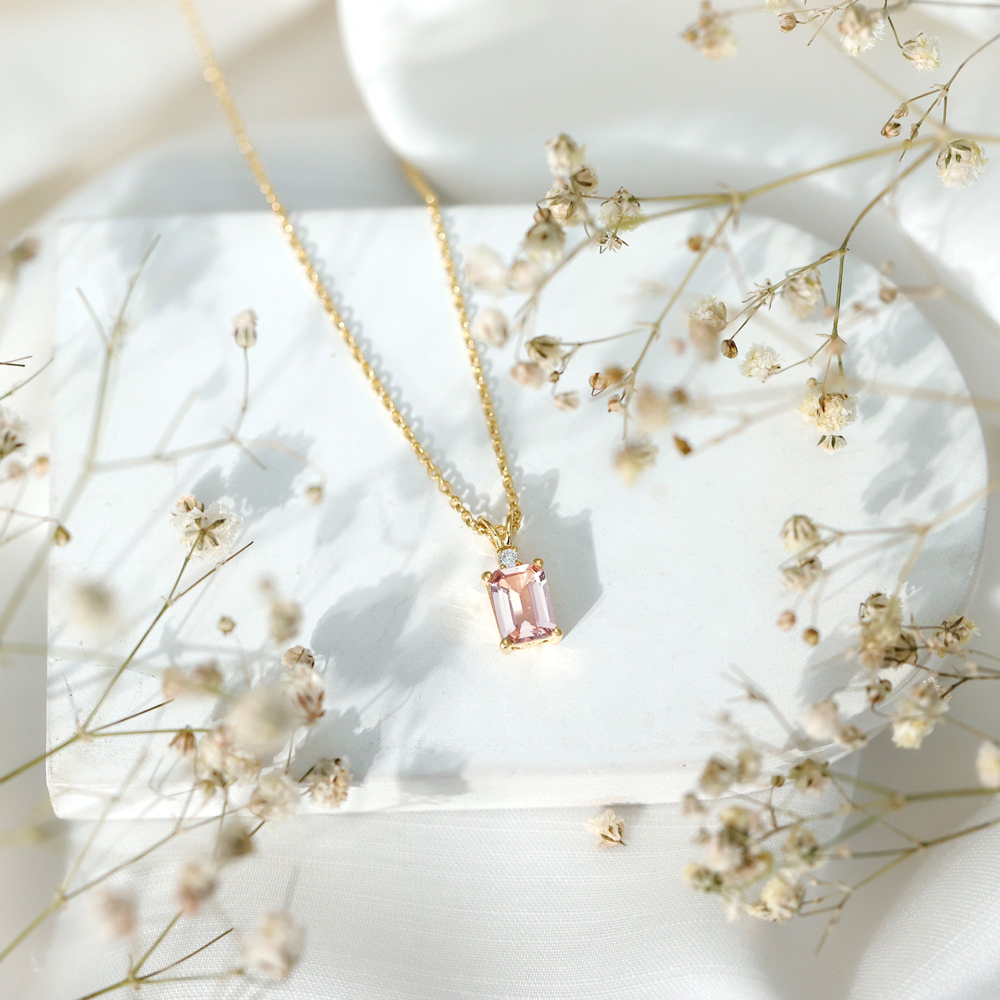 Certified 1.8 Carat Emerald Cut Morganite Solitaire Necklace with Silver Chain