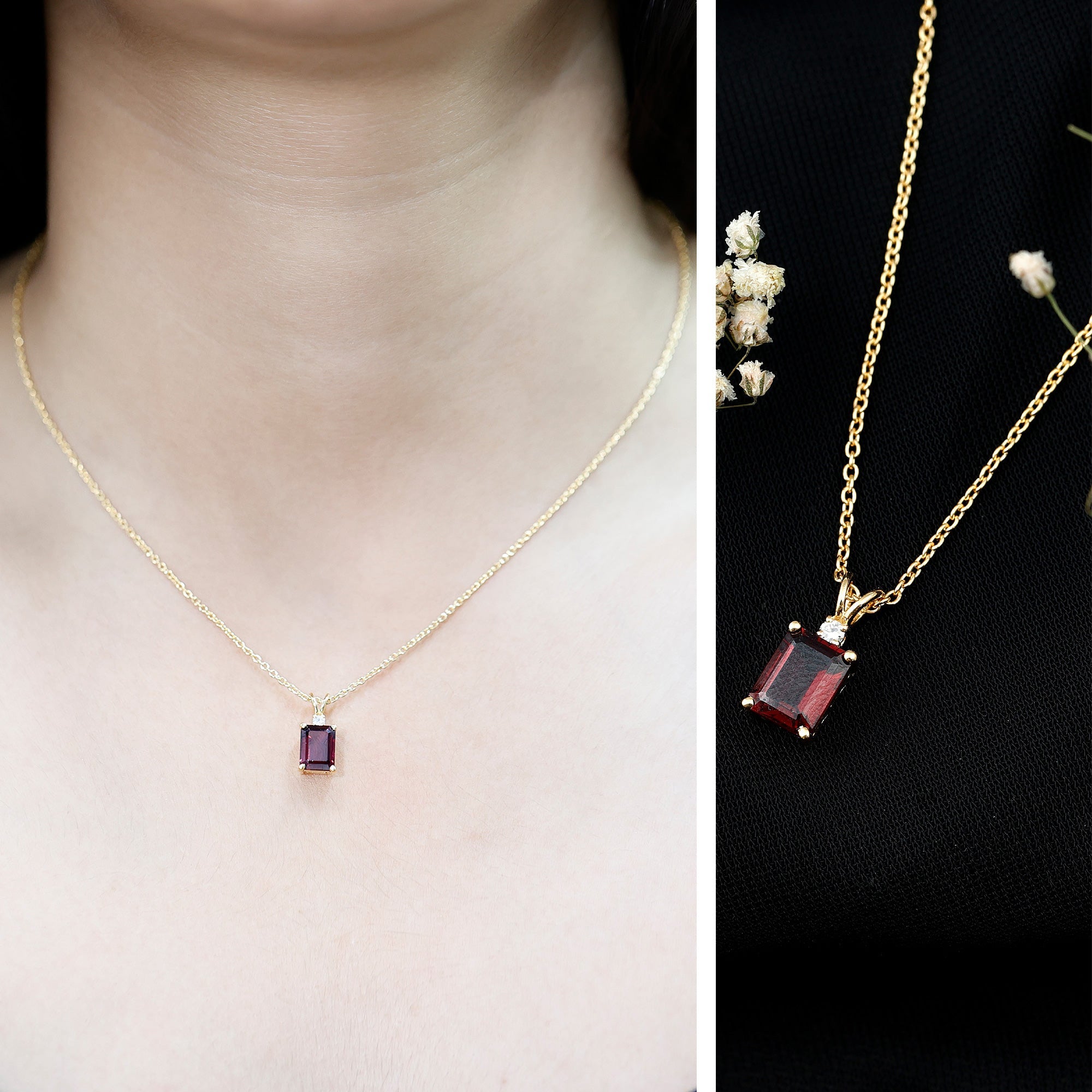 2 Carat Emerald Cut Rhodolite Solitaire Necklace with Lab Diamond
