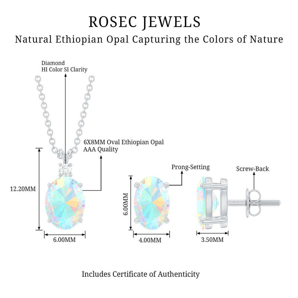 Real 3 Carat Oval Shaped Ethiopian Opal Solitaire Necklace Earrings Set with Diamond