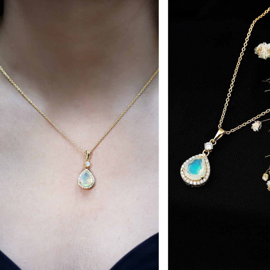 Certified Ethiopian Opal and Diamond Teardrop Necklace with Chain