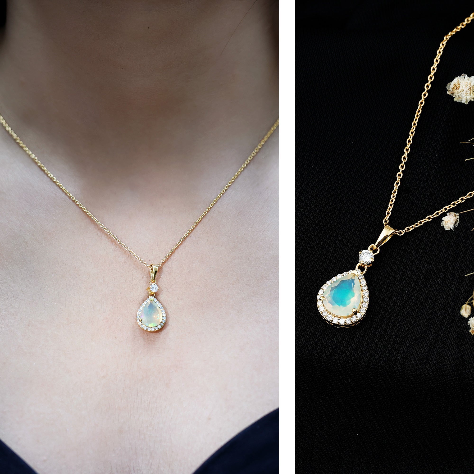 Certified Ethiopian Opal and Diamond Teardrop Necklace with Chain
