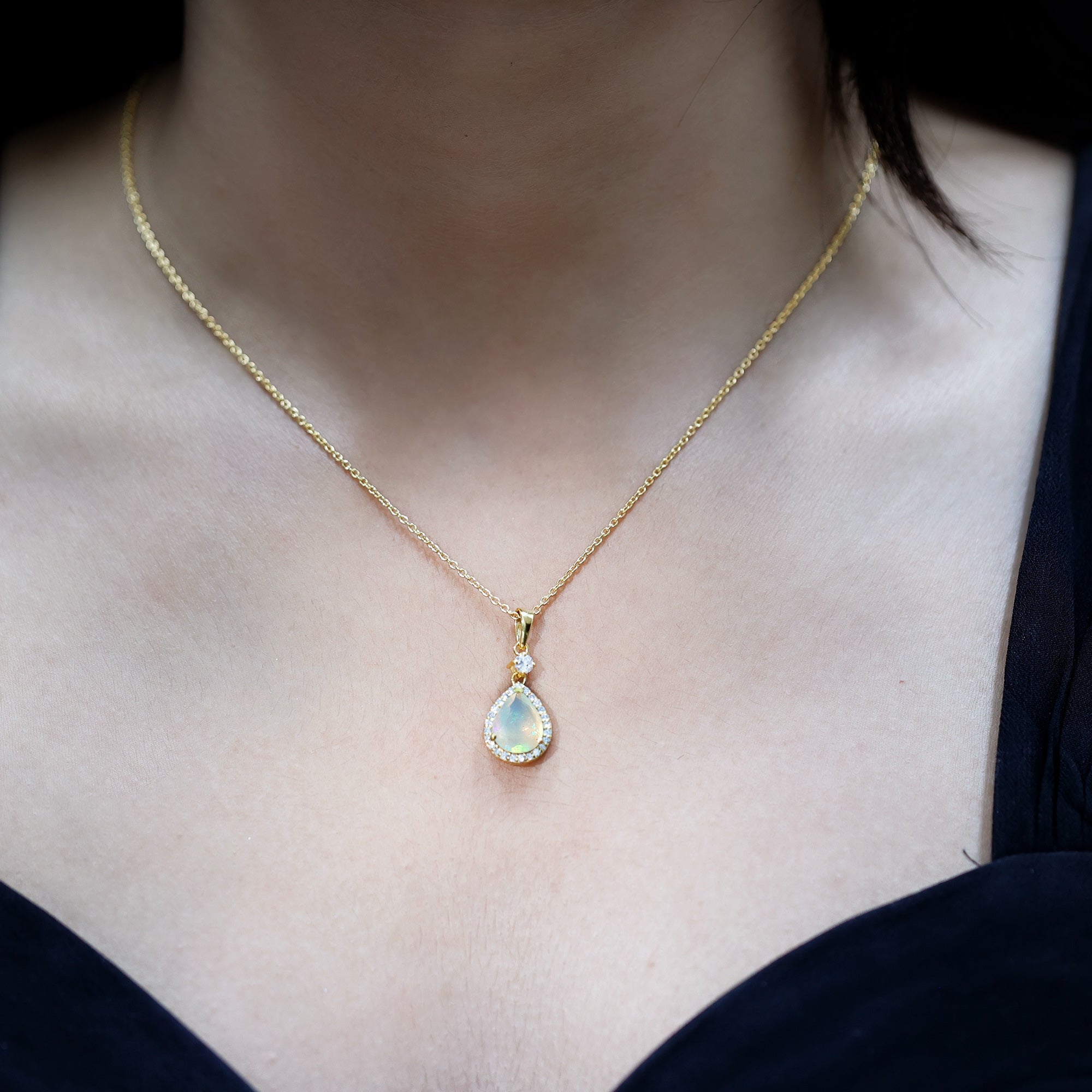 Certified Ethiopian Opal and Diamond Teardrop Necklace with Chain